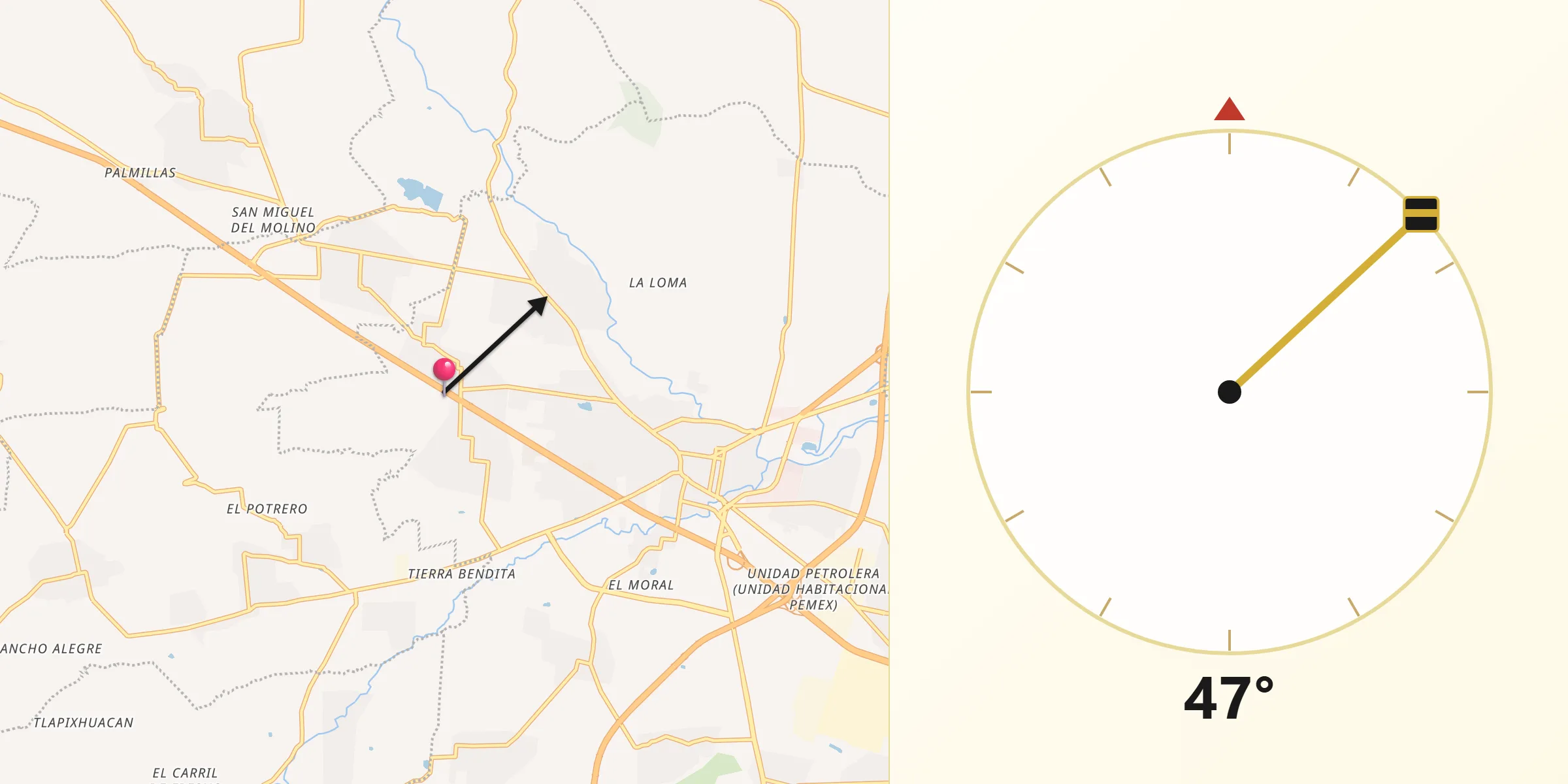 Dirección de la Qibla desde San Rafael Tlanalapan