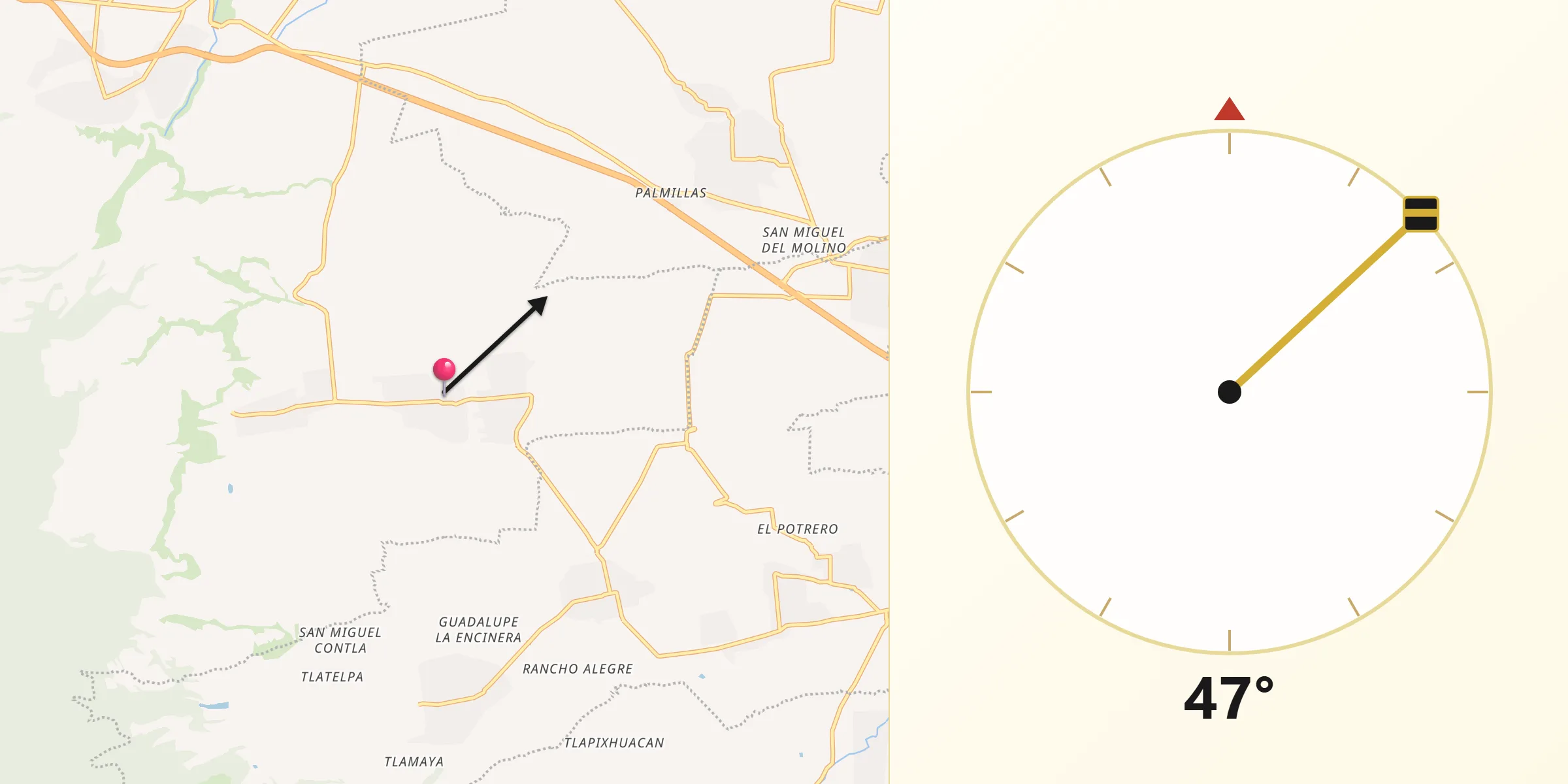 Dirección de la Qibla desde Santa María Texmelucan