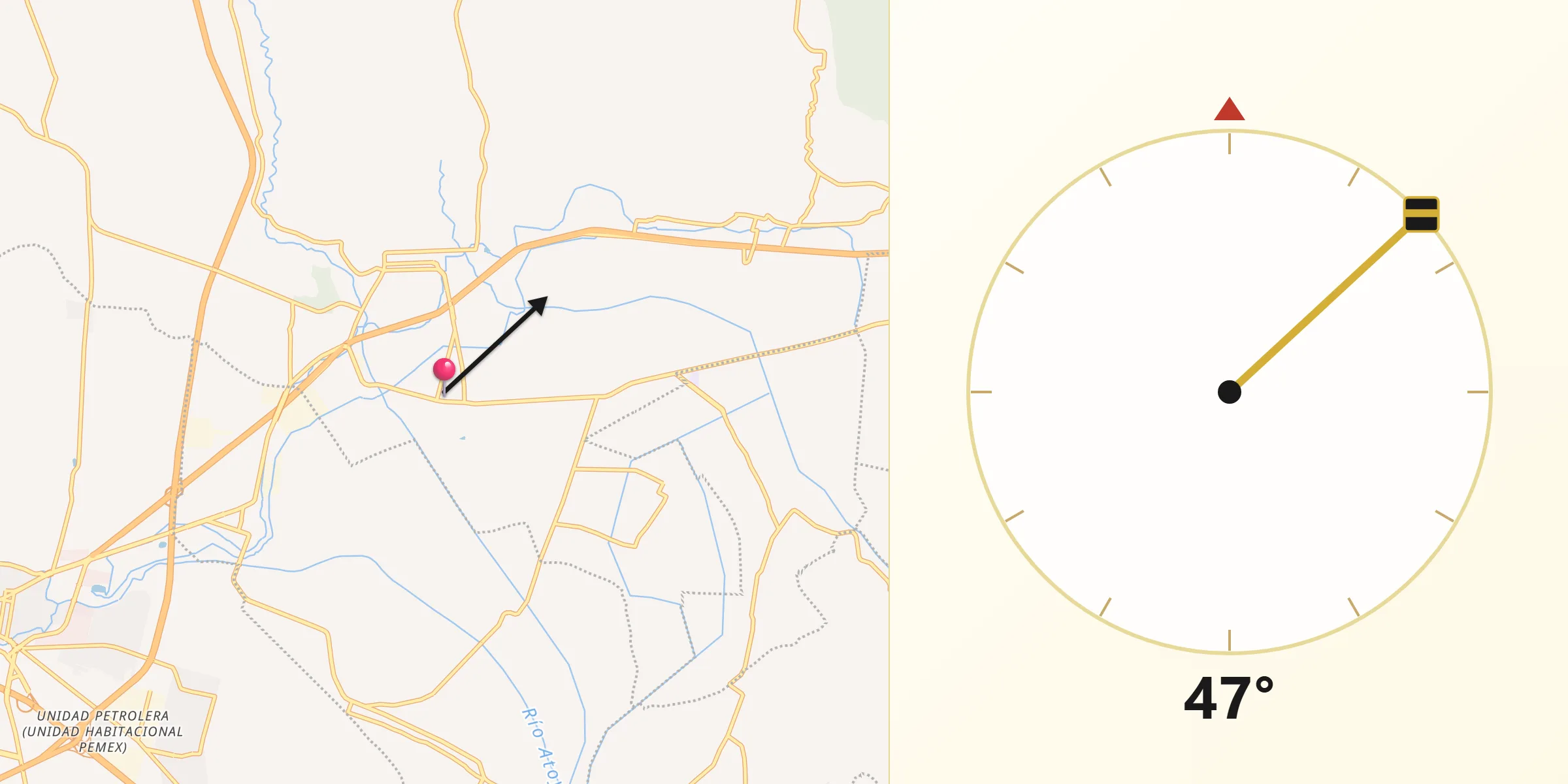 Dirección de la Qibla desde Xocoyucan