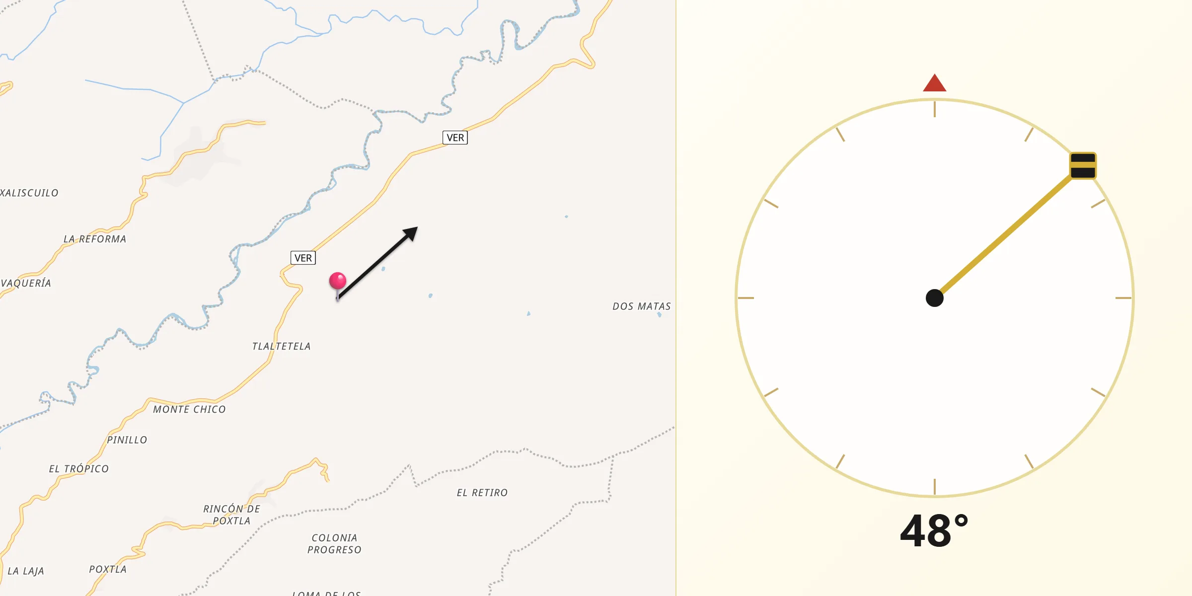 Dirección de la Qibla desde Tlaltetela