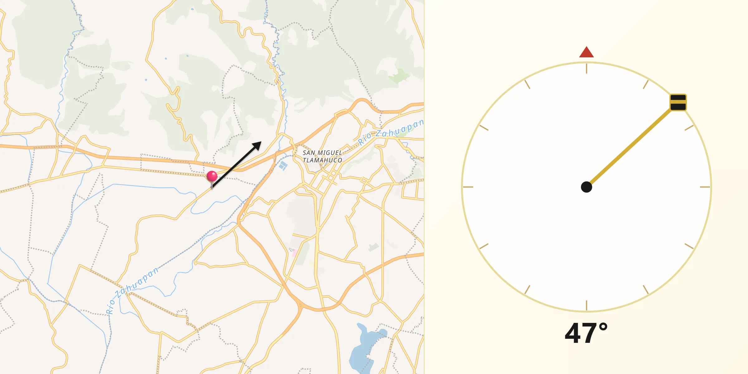 Dirección de la Qibla desde Panotla