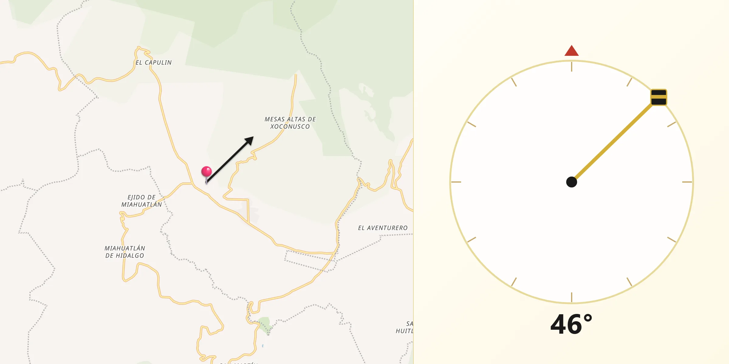 Dirección de la Qibla desde Barrio de Arriba de San Juan Xoconusco