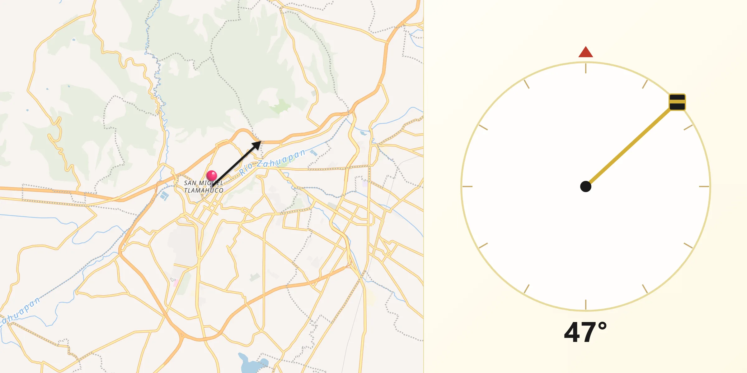 Dirección de la Qibla desde Acxotla del Río