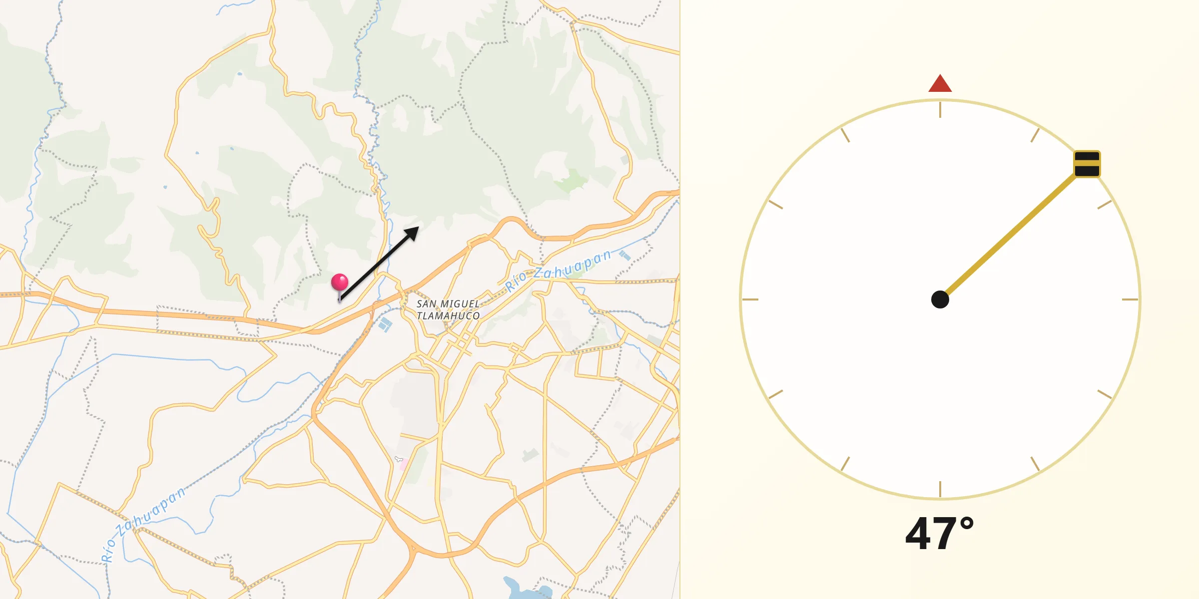 Dirección de la Qibla desde Totolac
