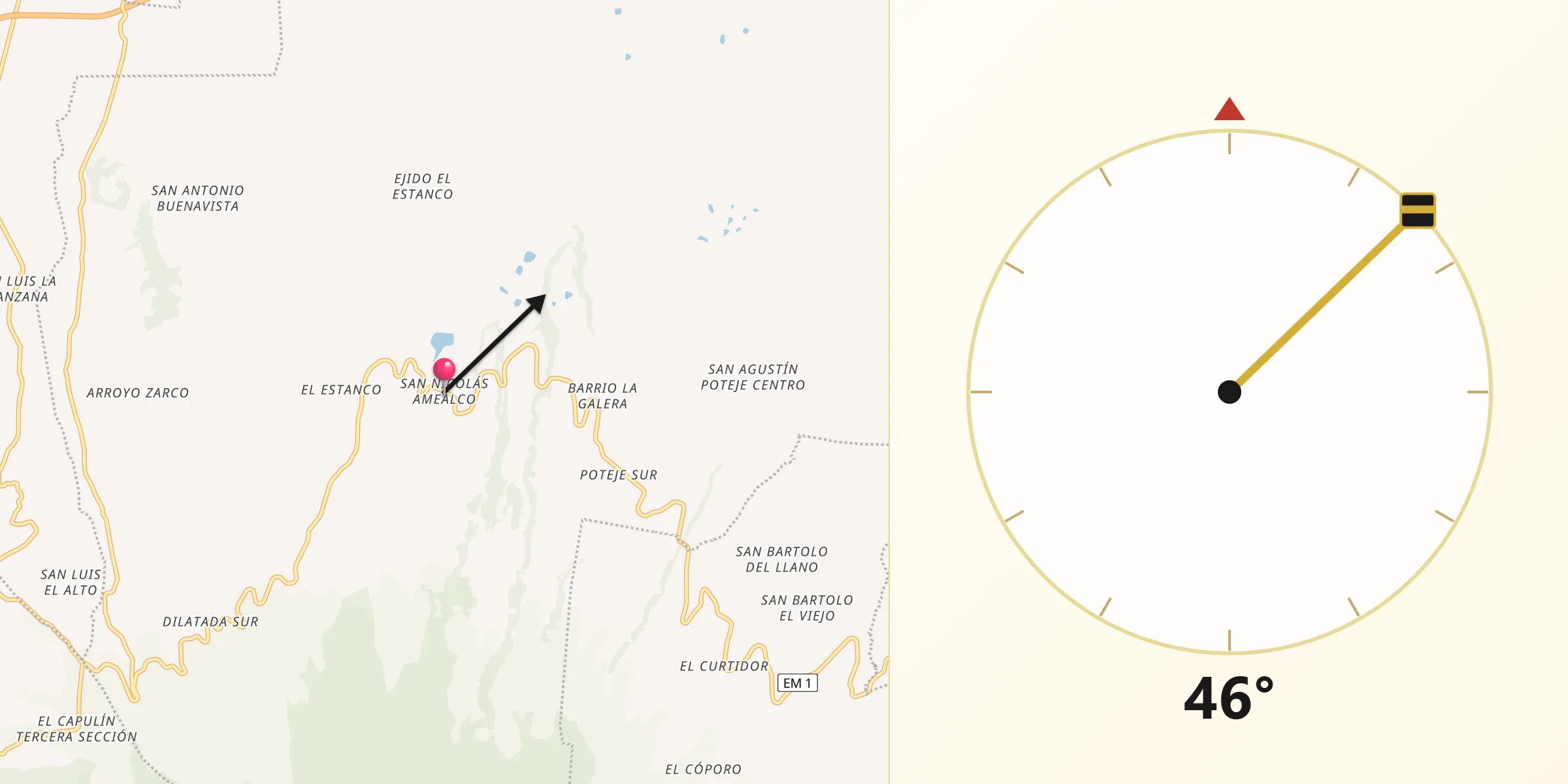 Dirección de la Qibla desde San Nicolás Amealco