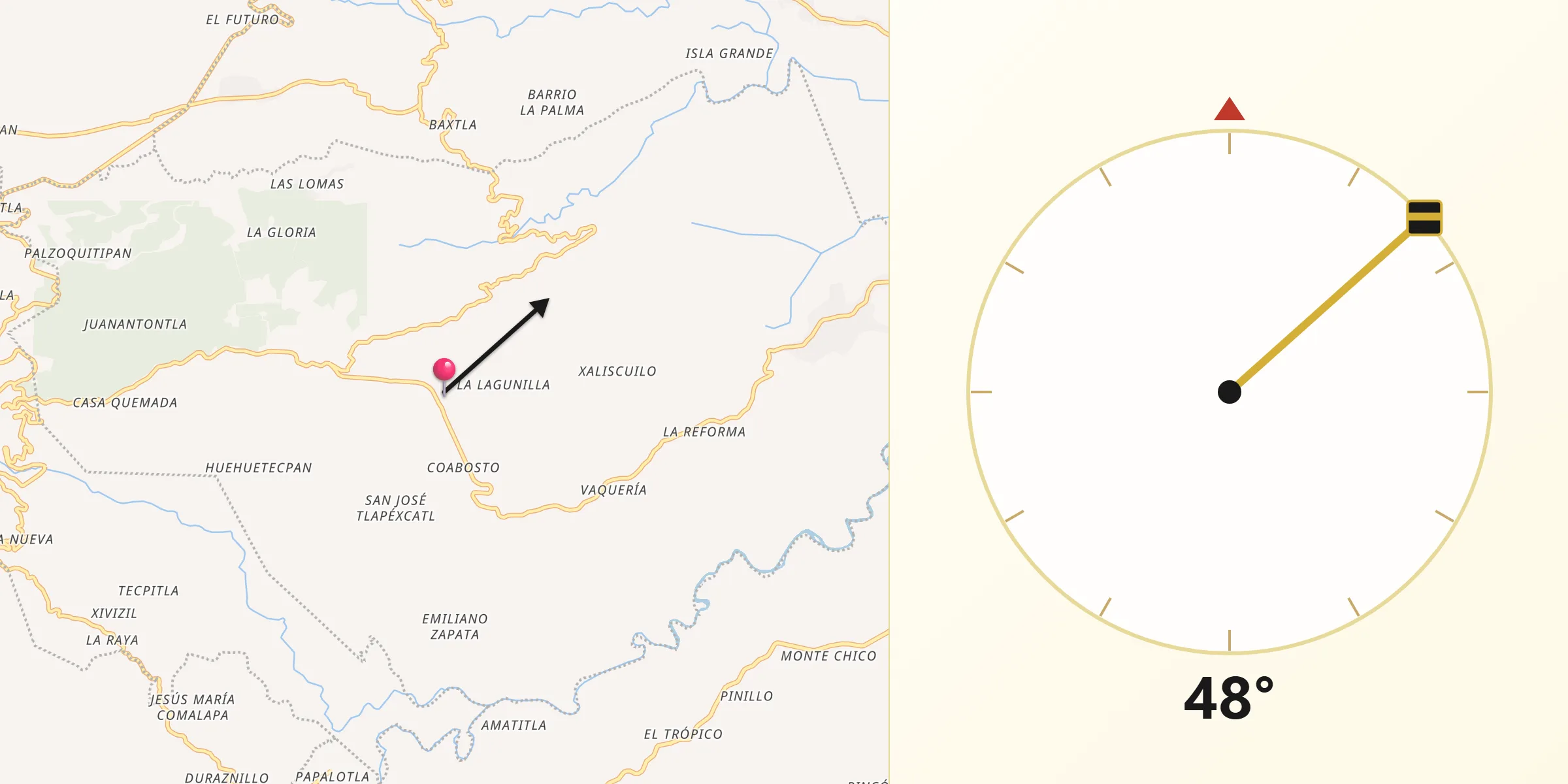 Dirección de la Qibla desde Cosautlán de Carvajal