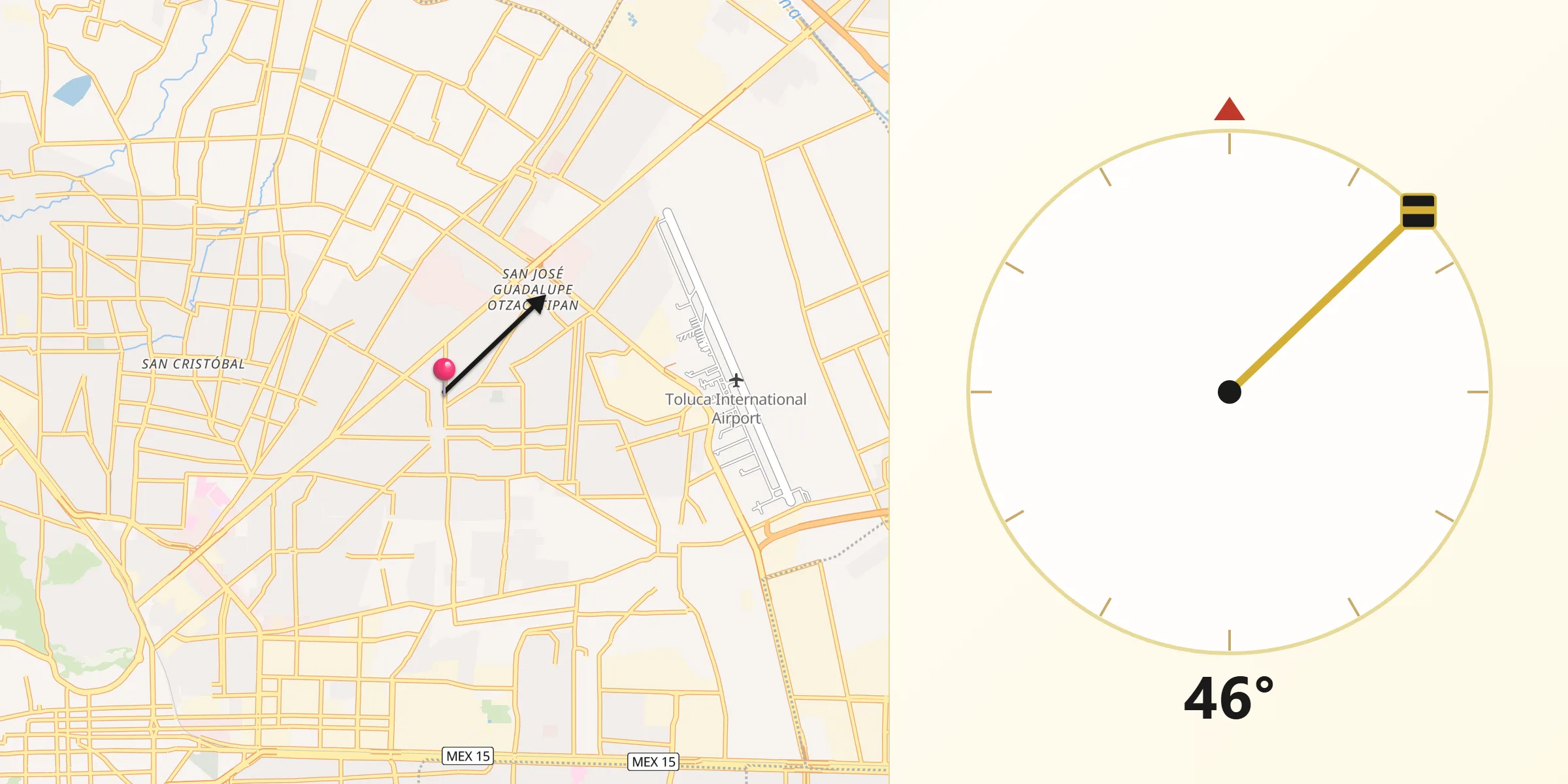 Dirección de la Qibla desde San Mateo Otzacatipan