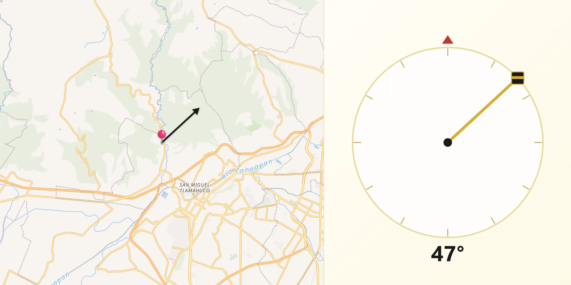 Dirección de la Qibla desde Los Reyes Quiahuixtlan