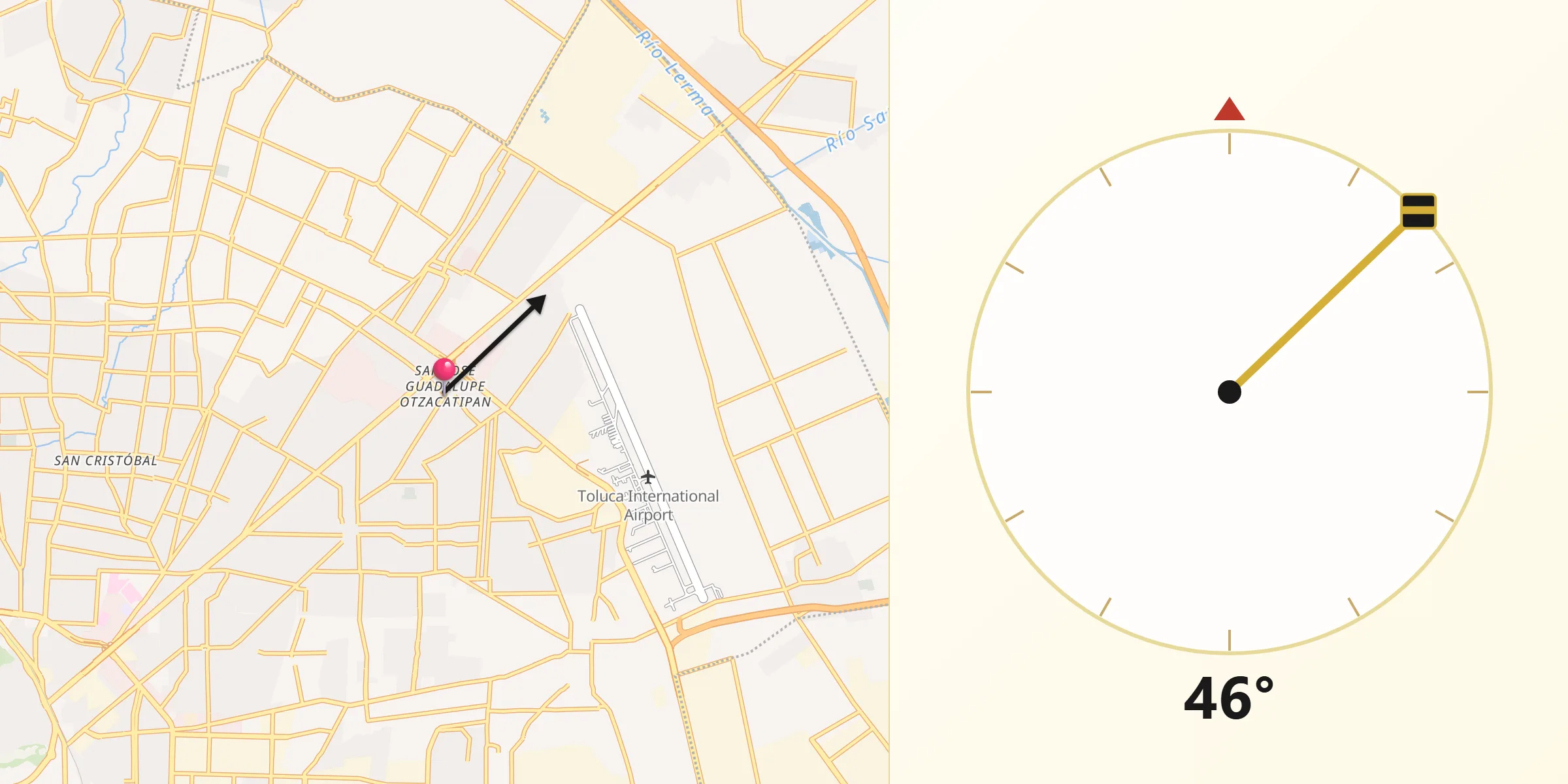 Dirección de la Qibla desde San José Guadalupe Otzacatipan
