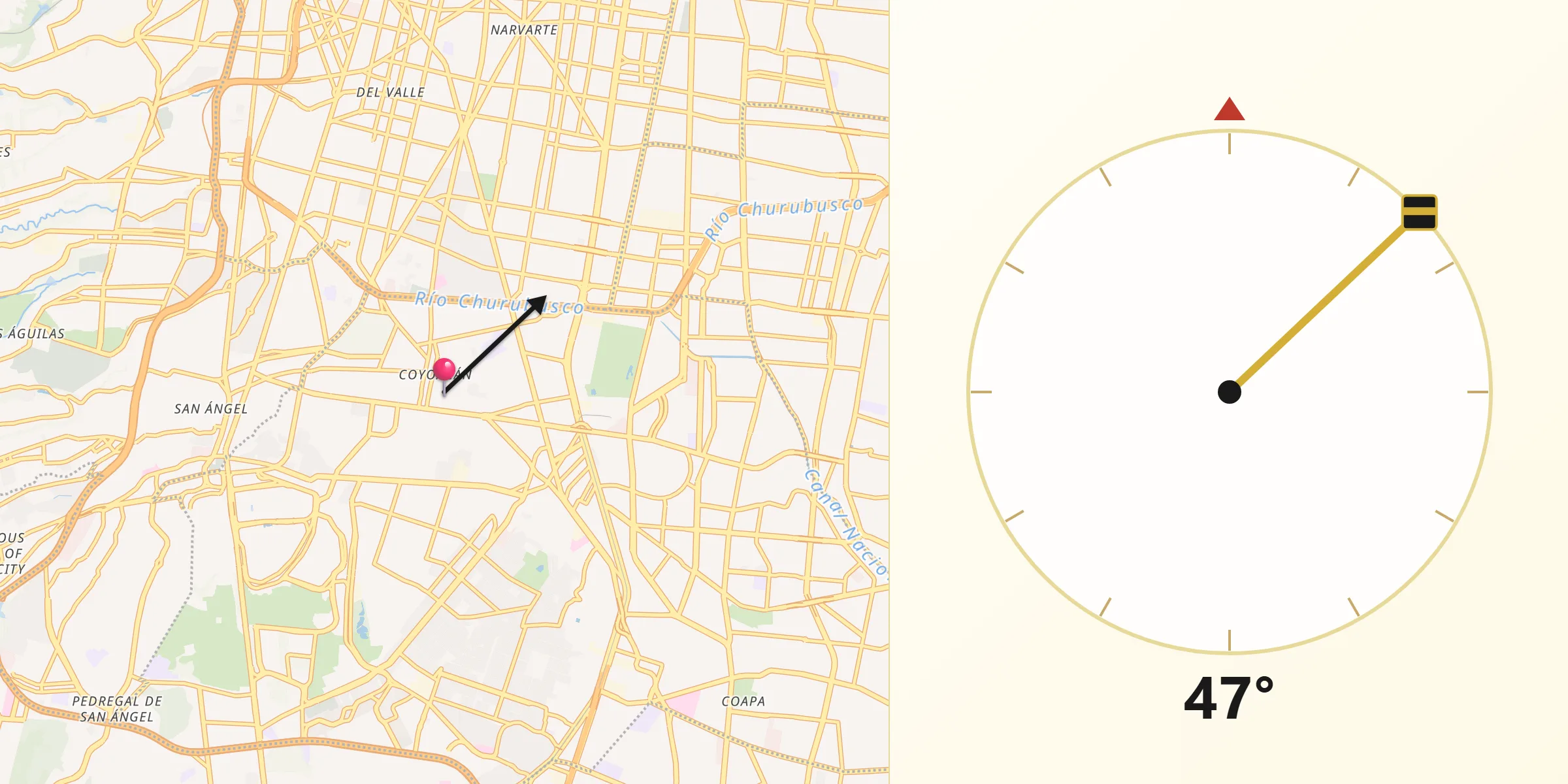Dirección de la Qibla desde Coyoacán