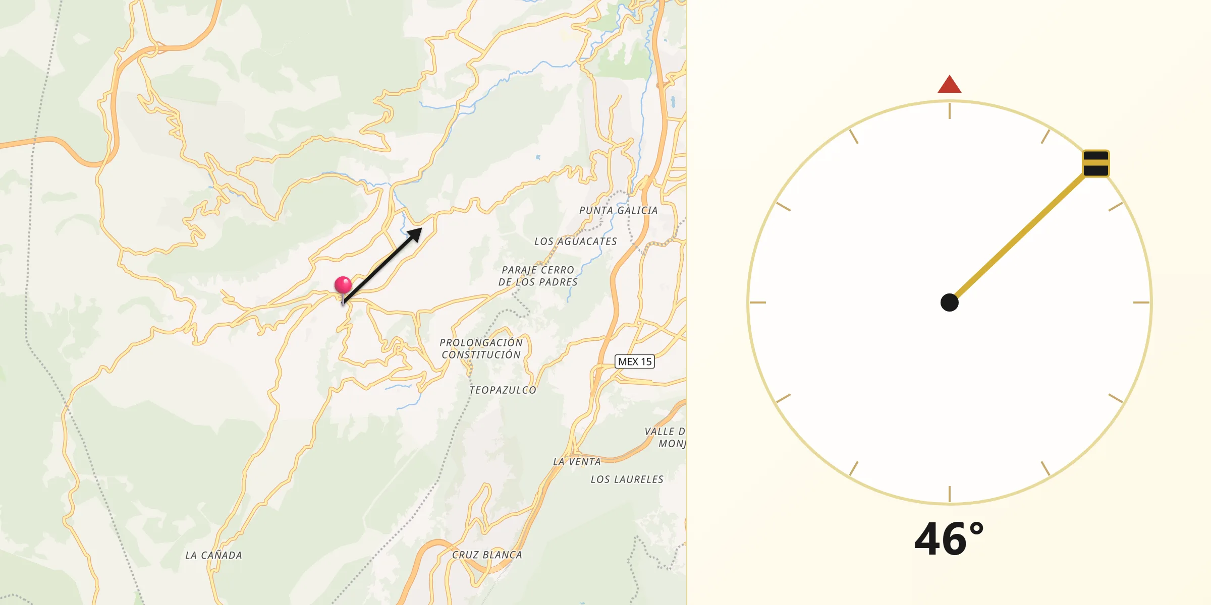 Dirección de la Qibla desde Huixquilucan
