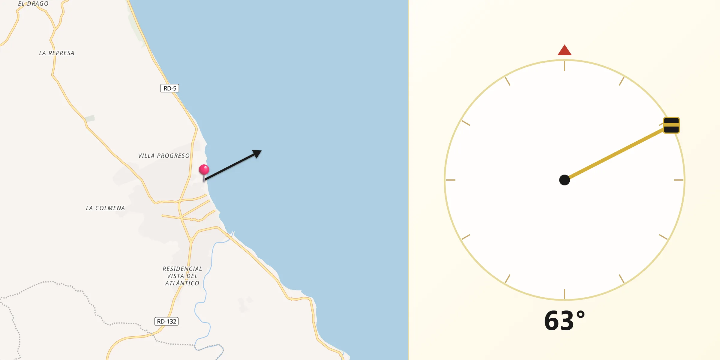 Dirección de la Qibla desde Nagua