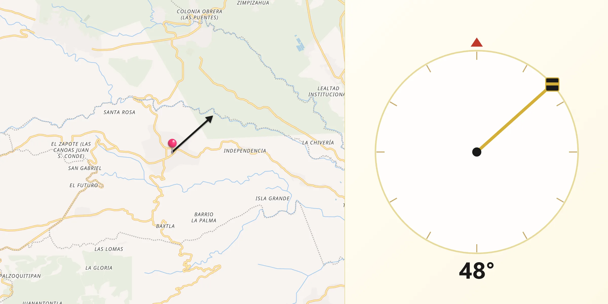 Dirección de la Qibla desde Teocelo