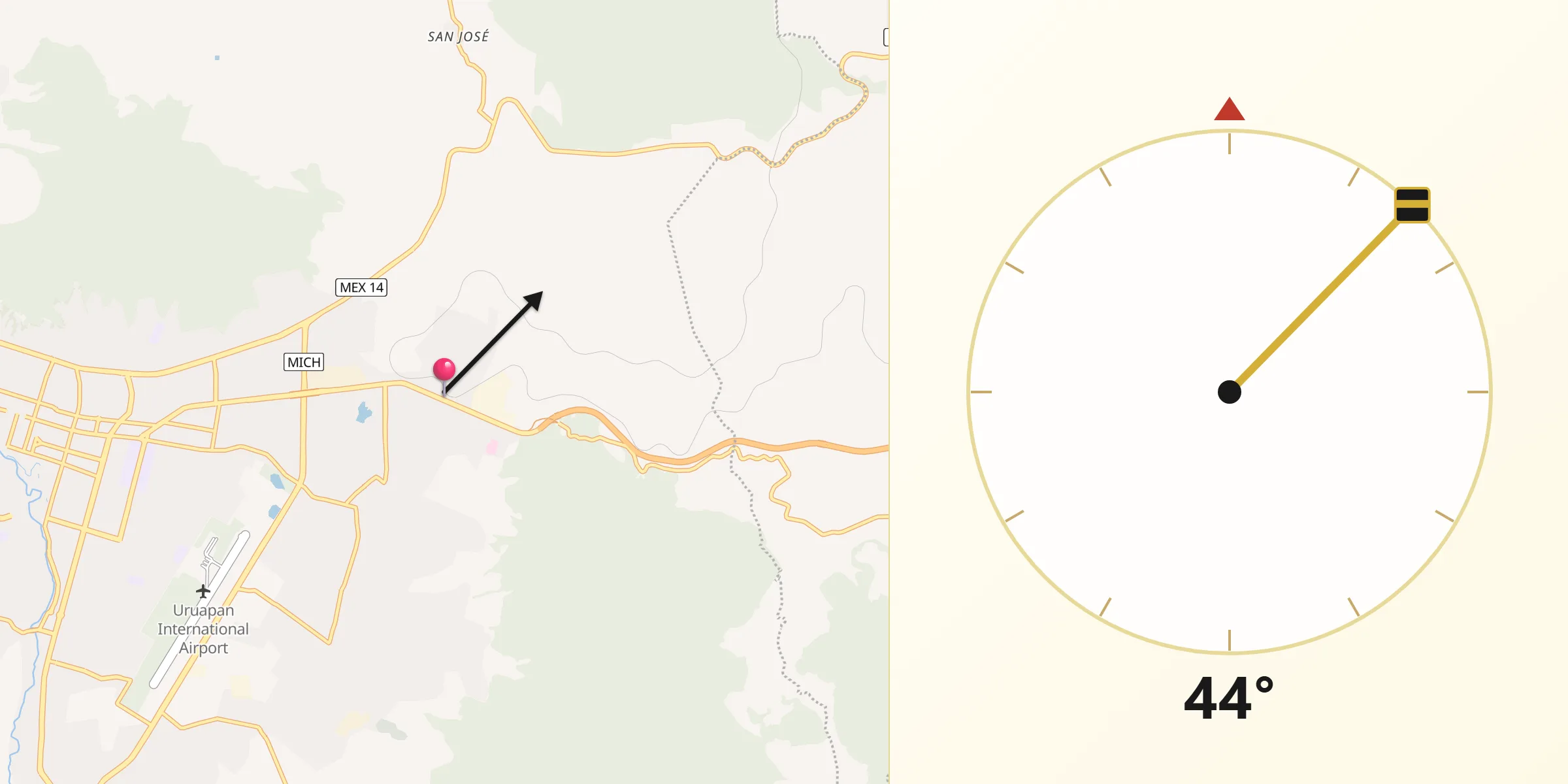 Dirección de la Qibla desde Caltzontzín