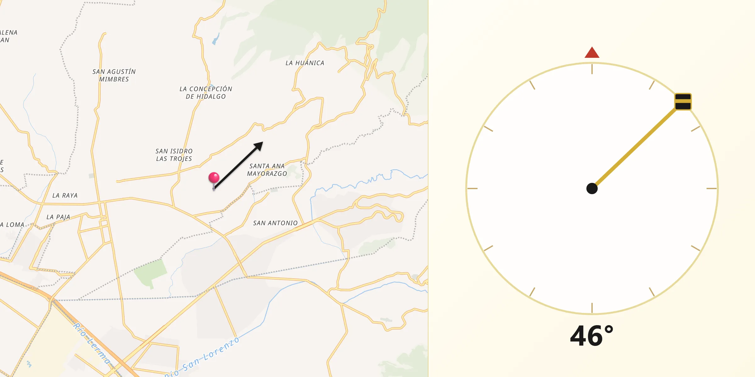 Dirección de la Qibla desde Ejido de Mozoquilpan