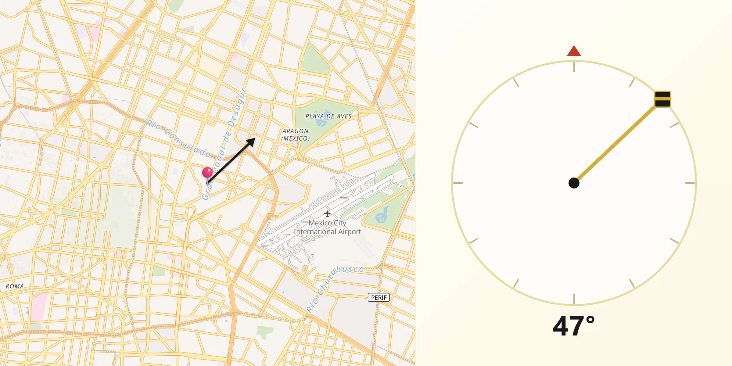 Dirección de la Qibla desde Venustiano Carranza