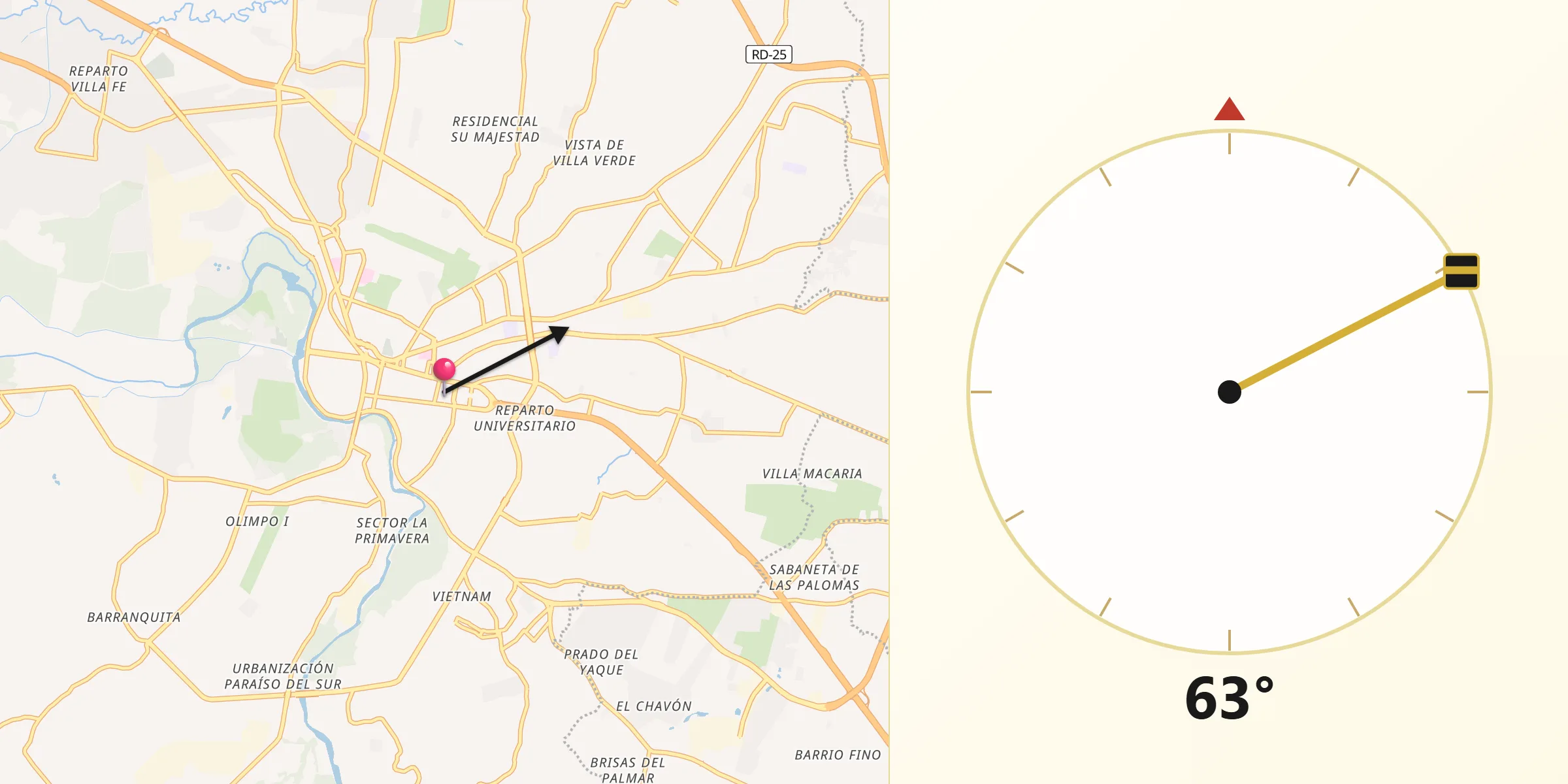 Dirección de la Qibla desde Santiago de los Caballeros