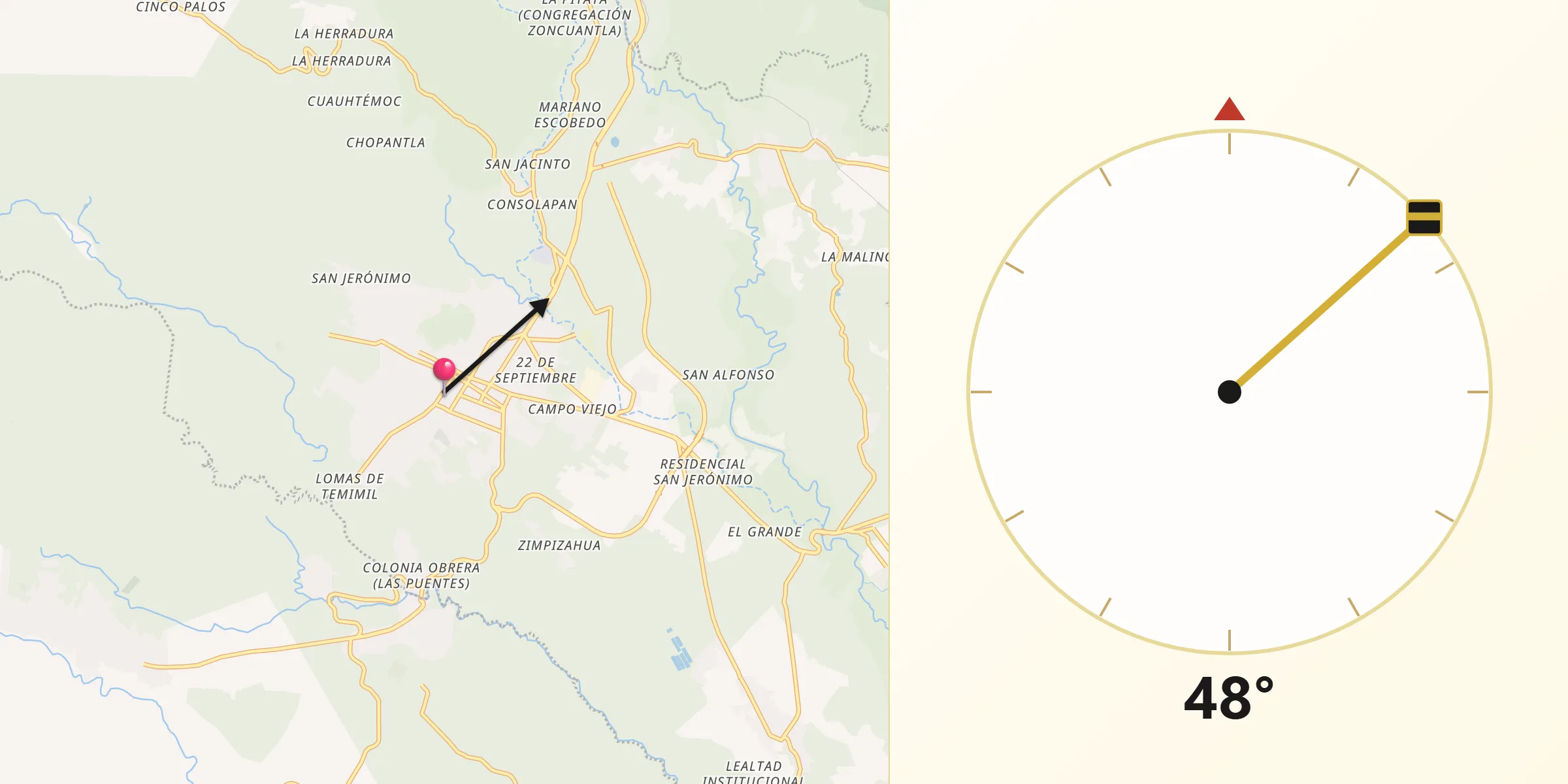 Dirección de la Qibla desde Coatepec