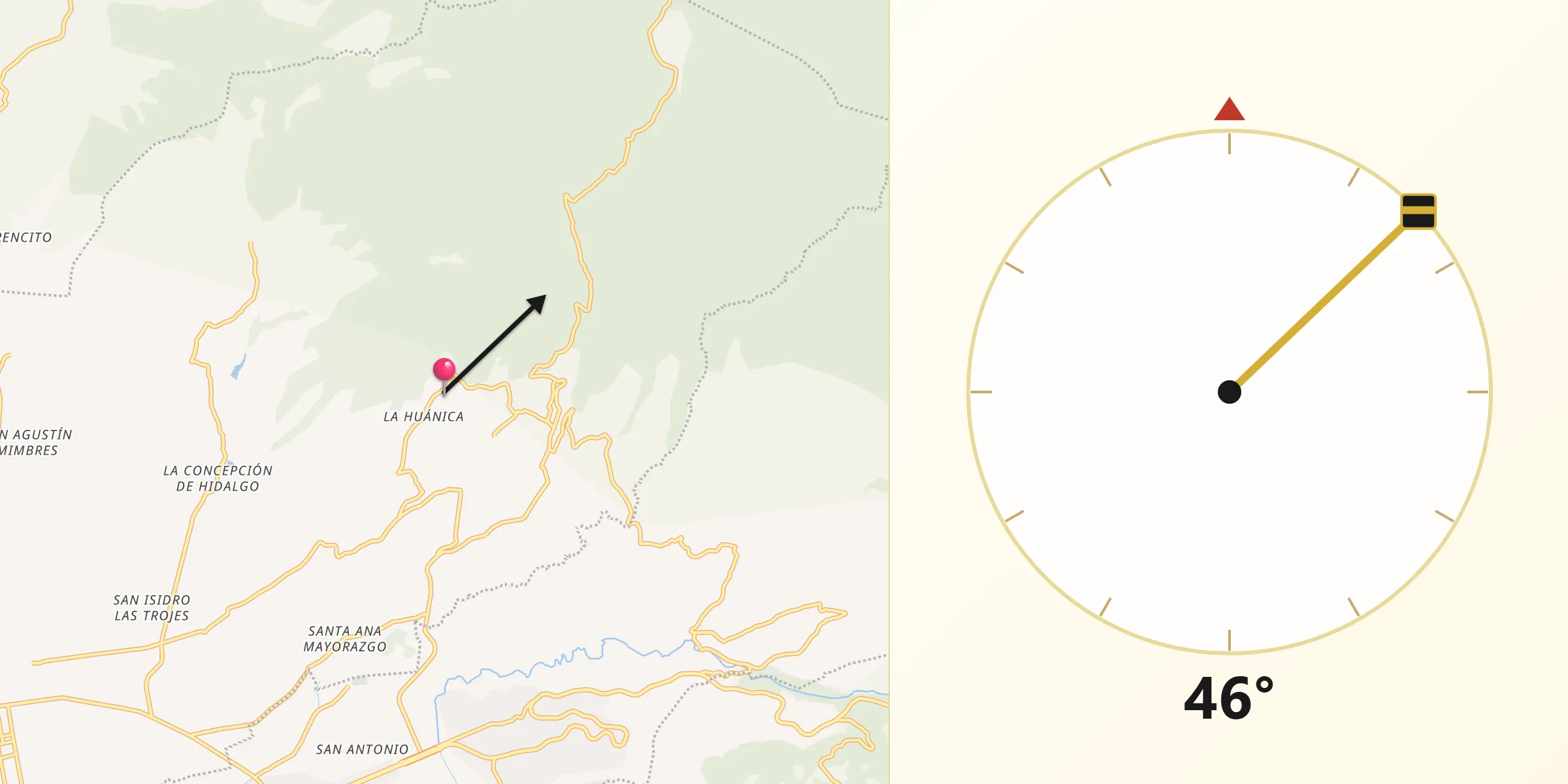 Dirección de la Qibla desde La Huanica