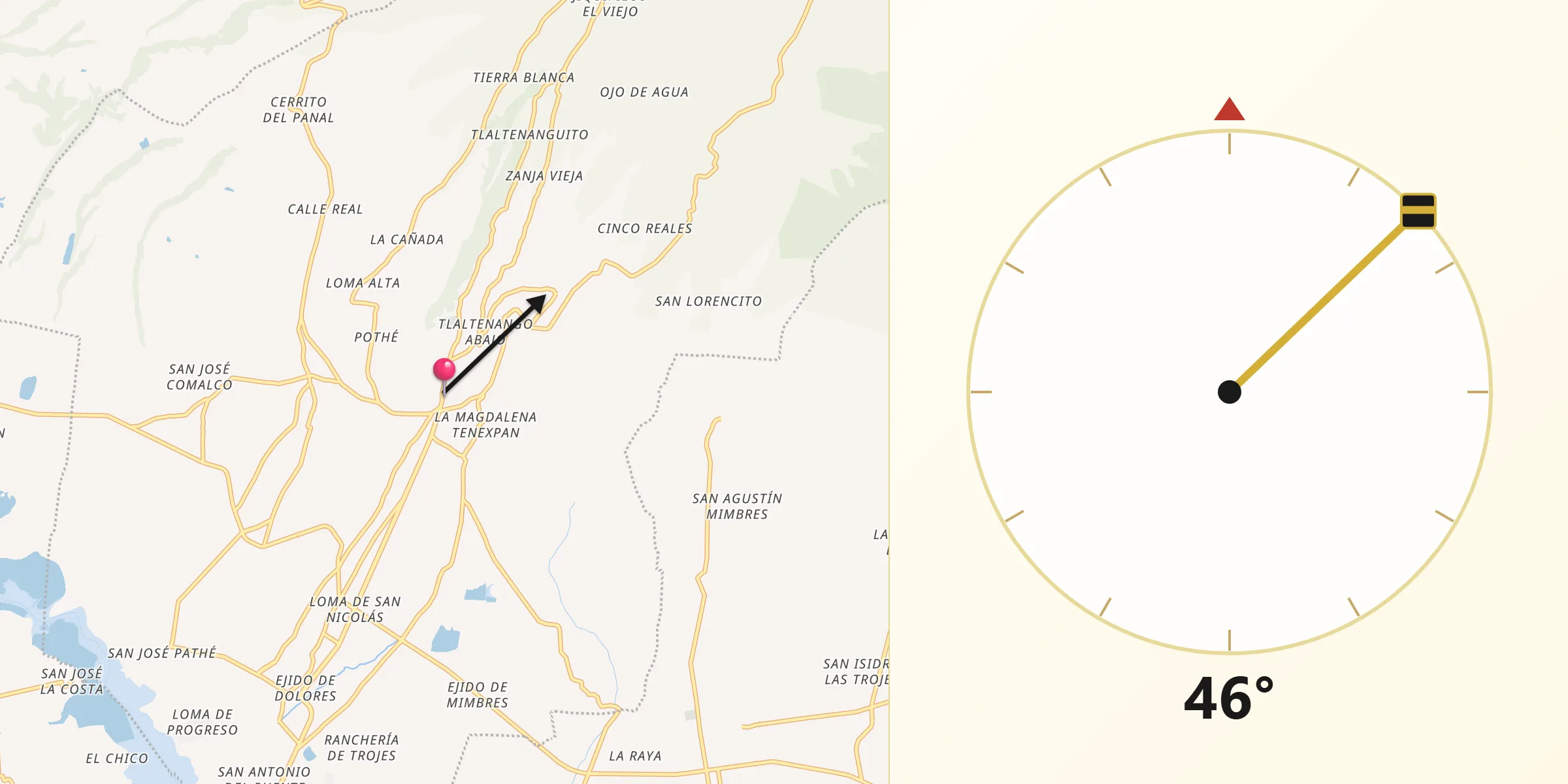 Dirección de la Qibla desde Temoaya