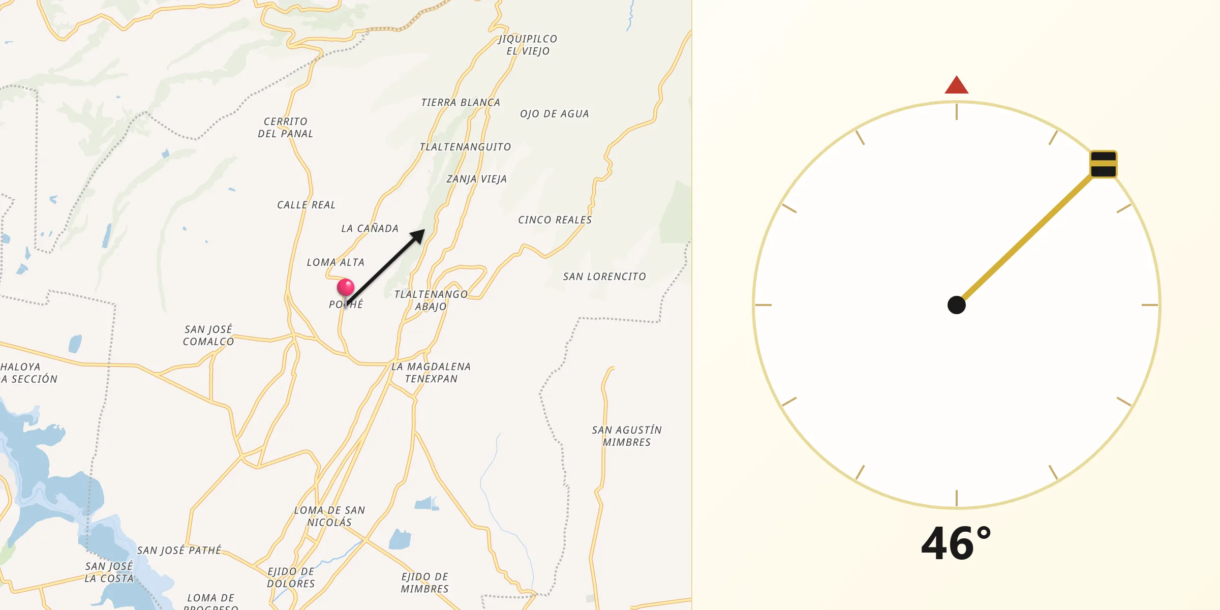 Dirección de la Qibla desde Pothé