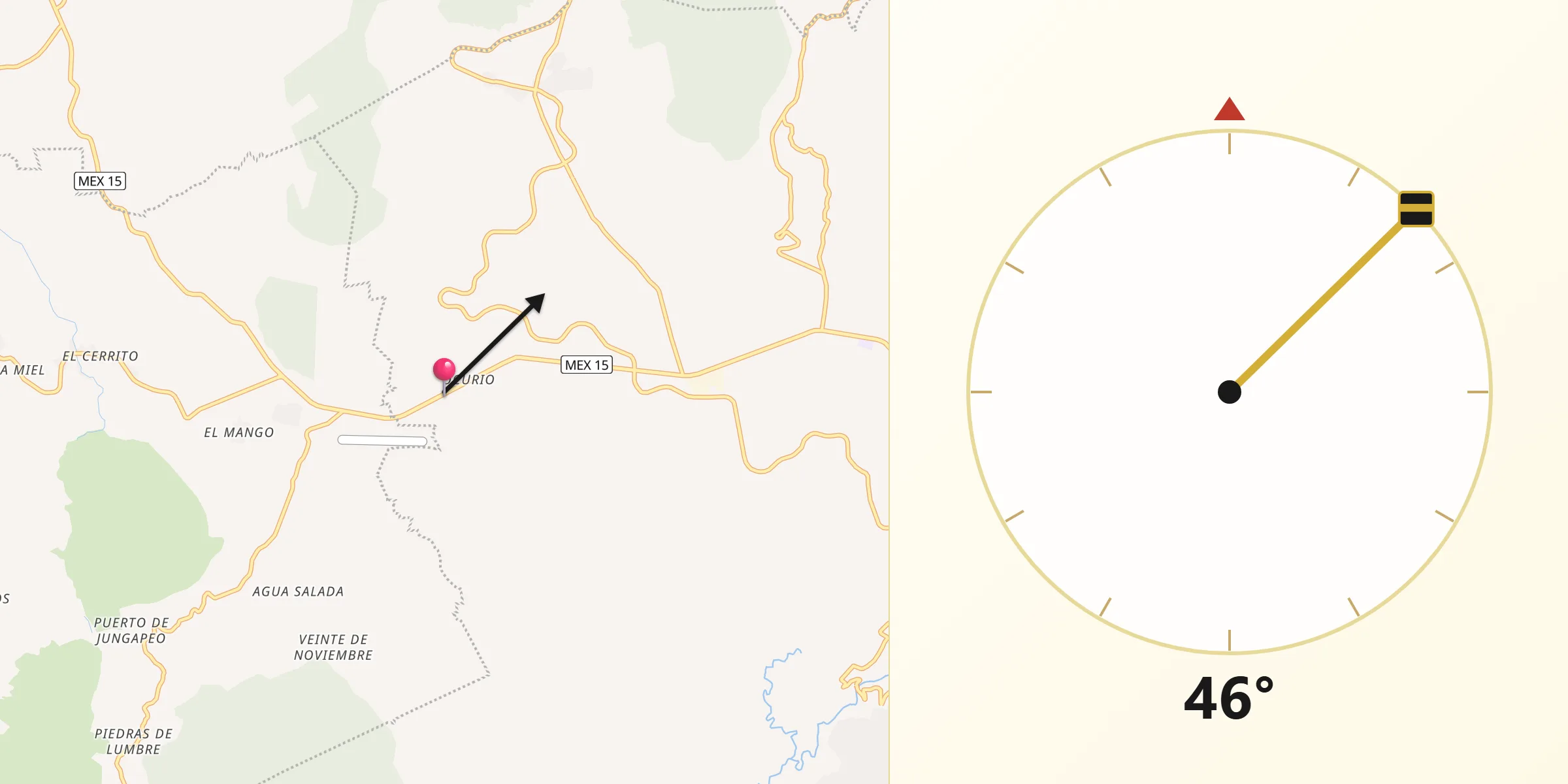 Dirección de la Qibla desde Ocurio