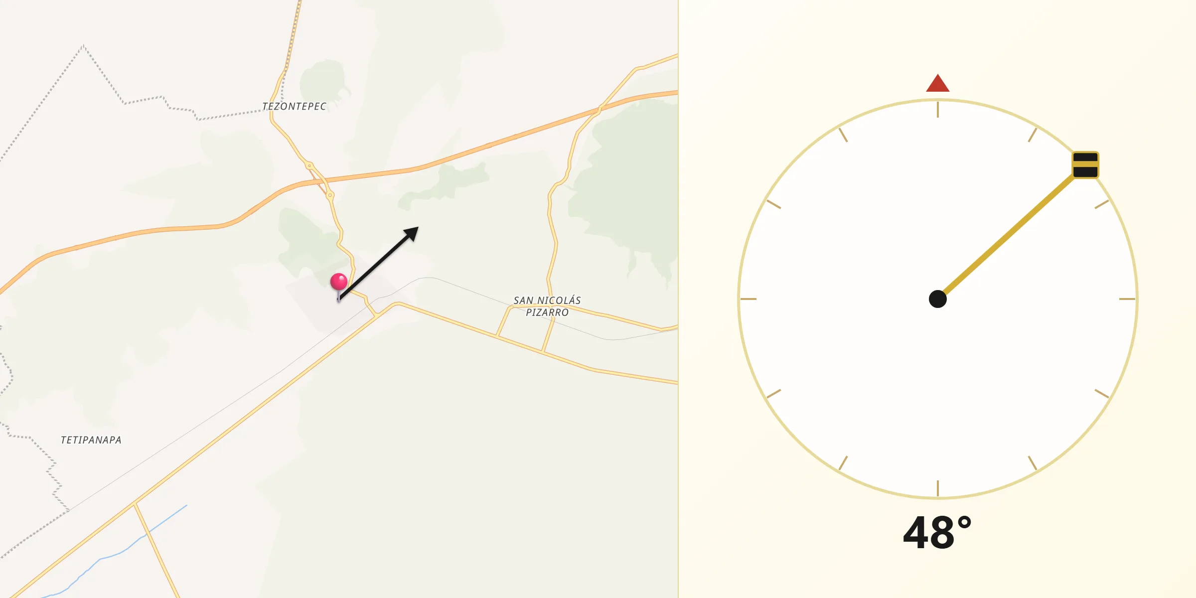 Dirección de la Qibla desde Tepeyehualco de Hidalgo