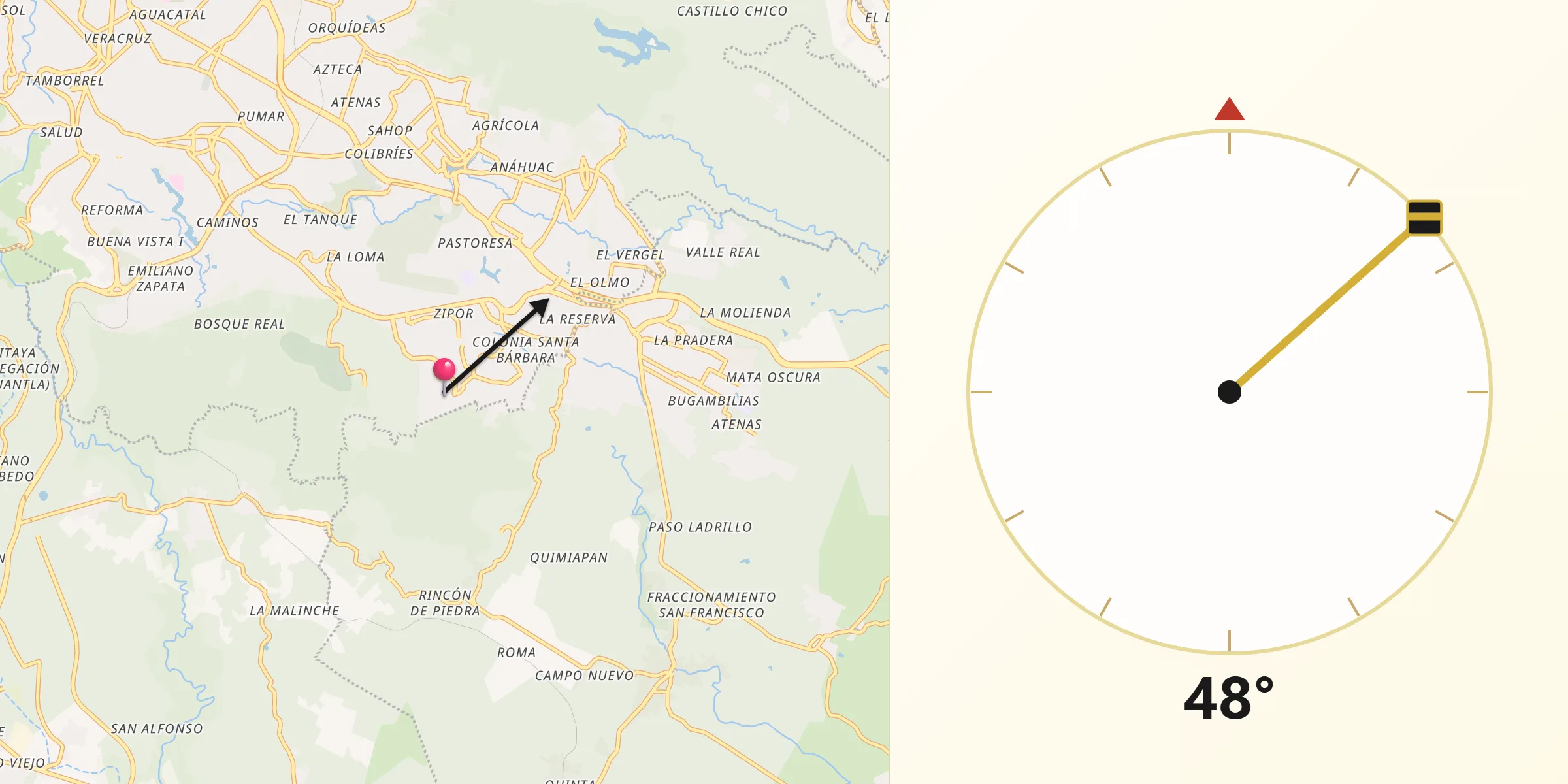 Dirección de la Qibla desde Fraccionamiento las Fuentes