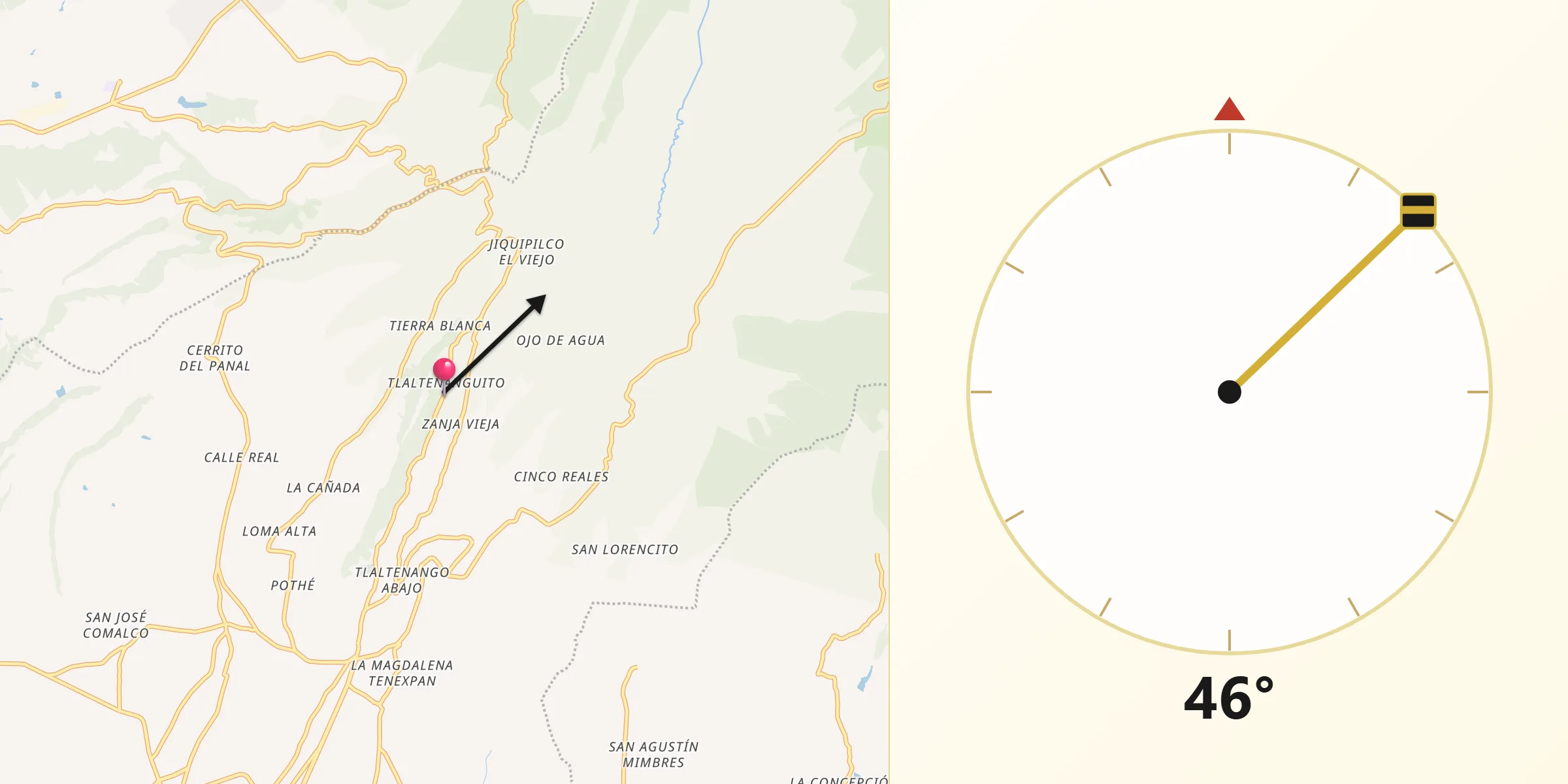Dirección de la Qibla desde Tlaltenanguito