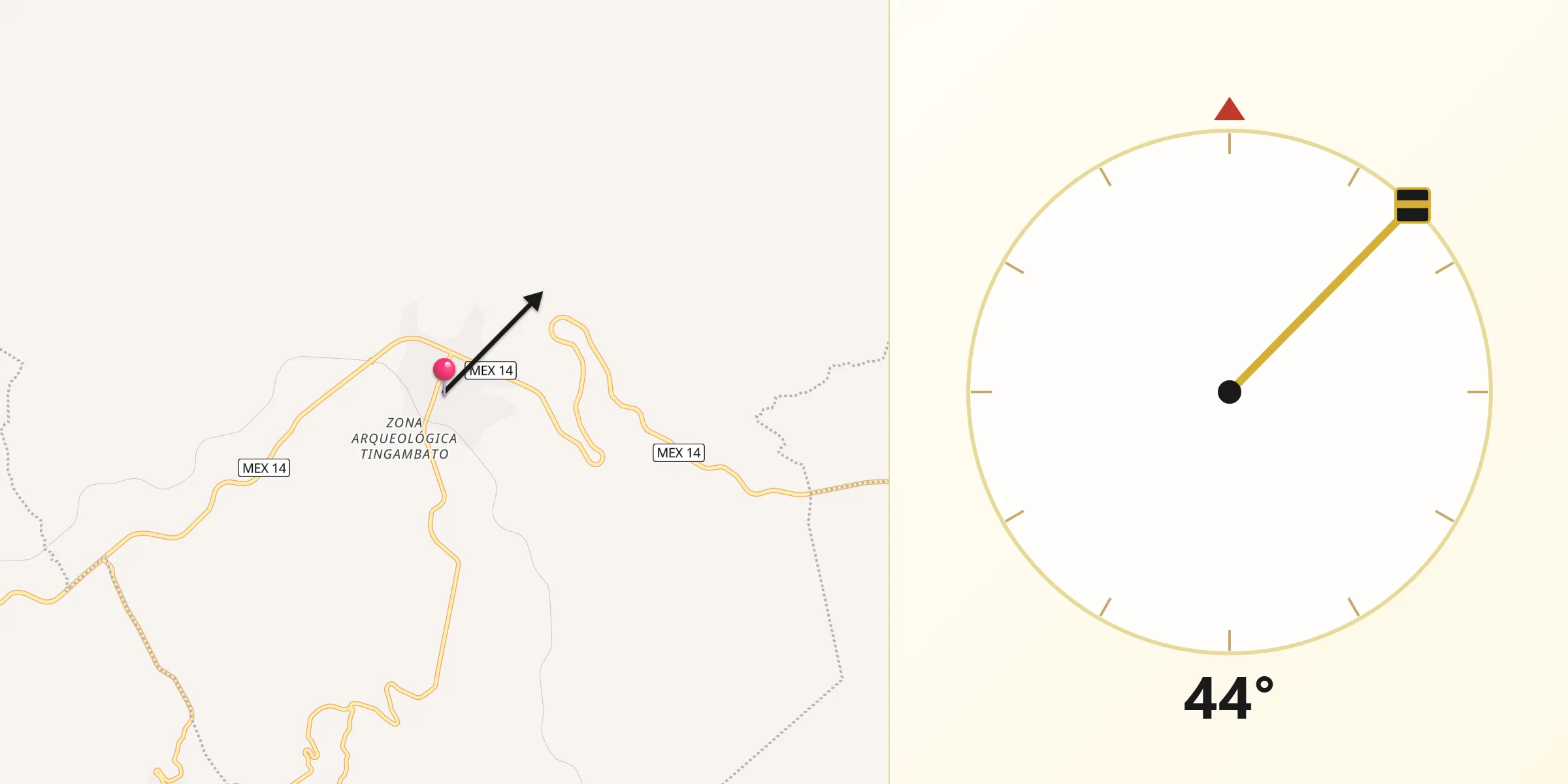 Dirección de la Qibla desde Tingambato