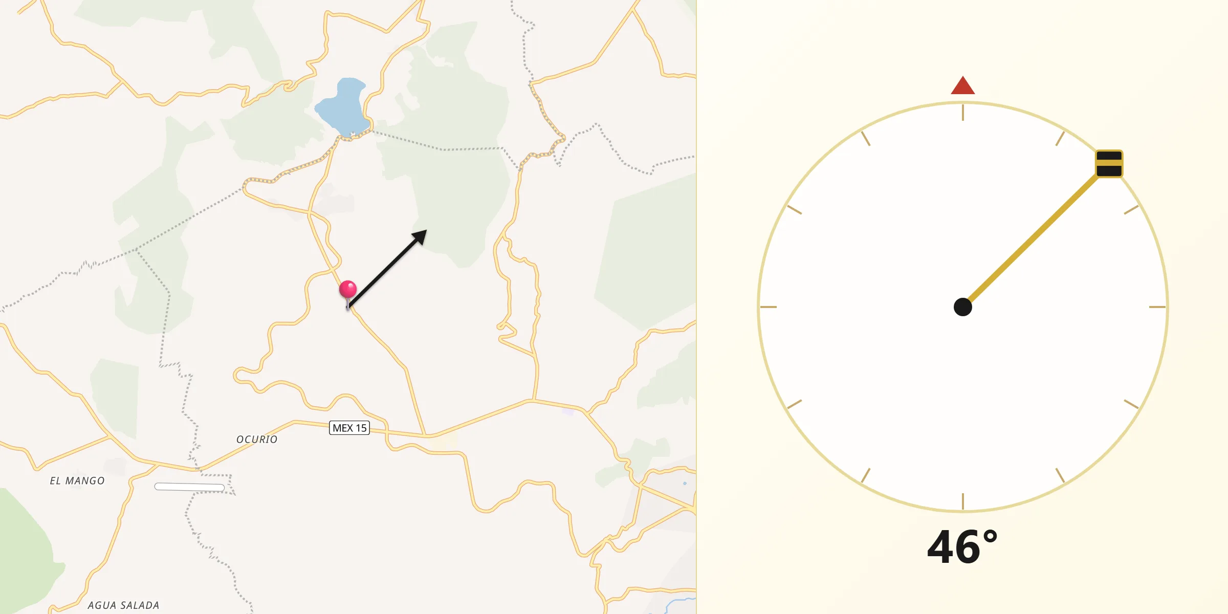 Dirección de la Qibla desde Puentecillas (Tercera Manzana de Zirahuato)