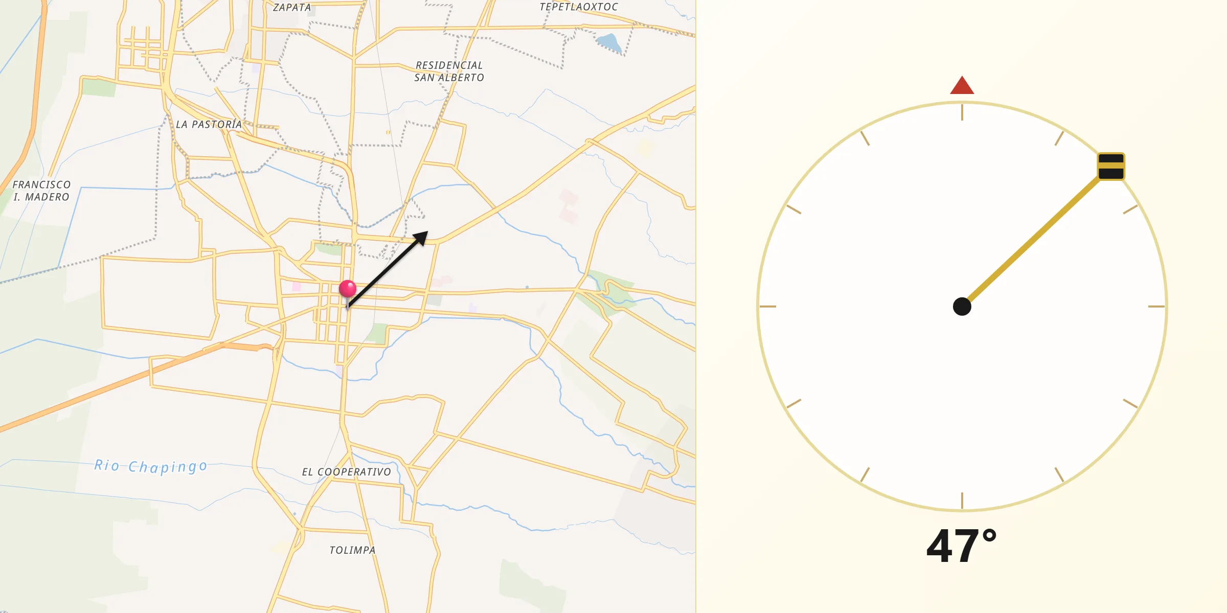 Dirección de la Qibla desde Texcoco