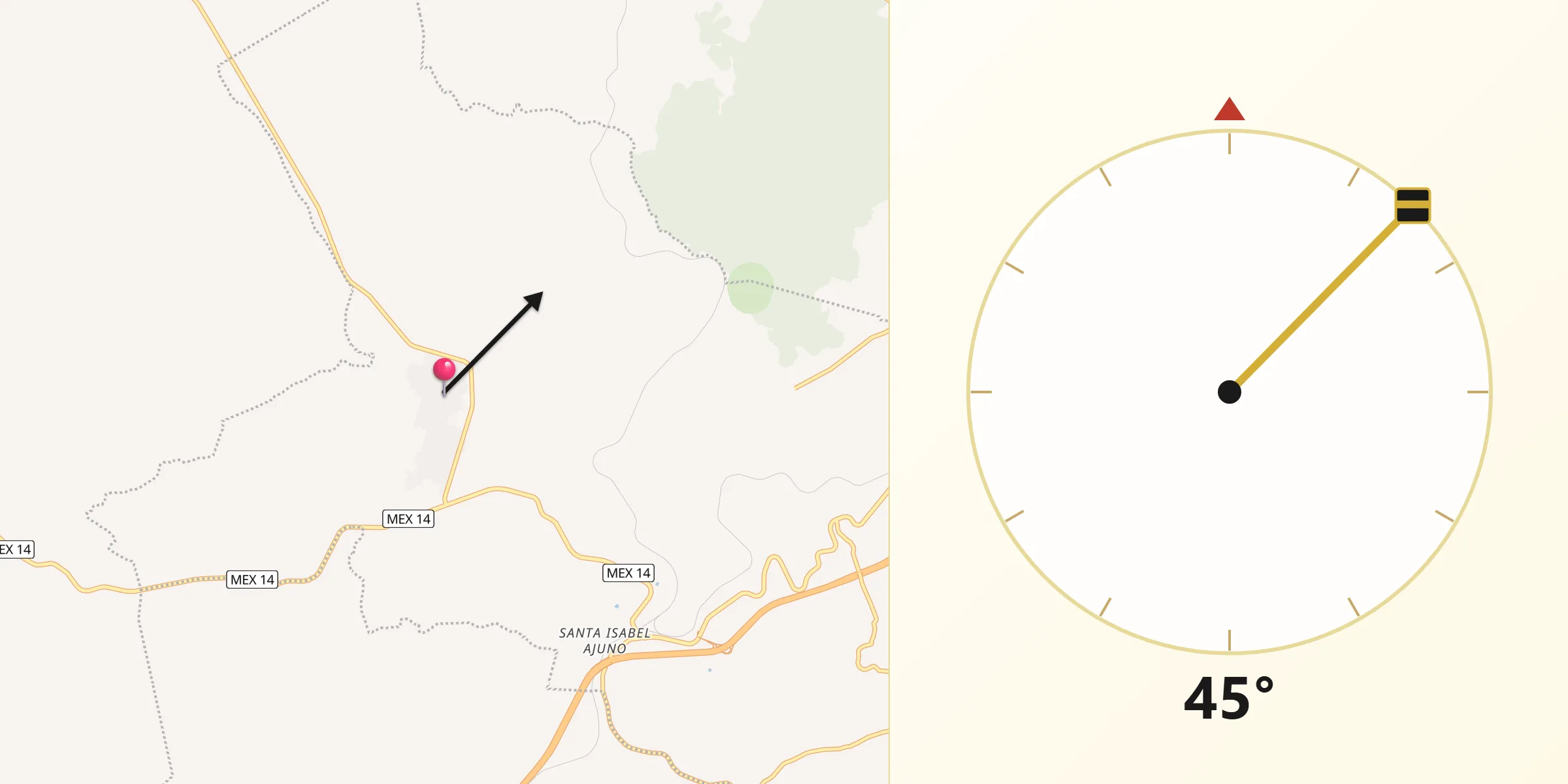 Dirección de la Qibla desde Santa María Huiramangaro (San Juan Tumbio)