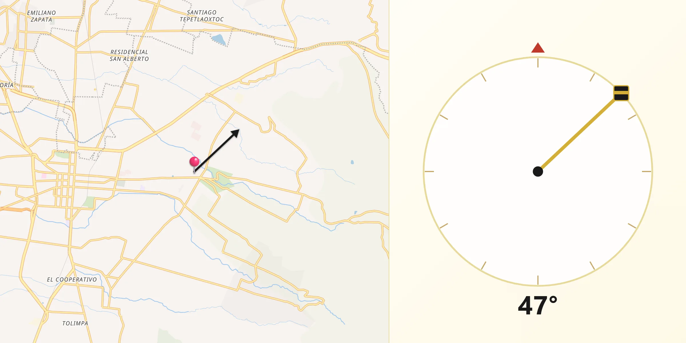 Dirección de la Qibla desde Xocotlán
