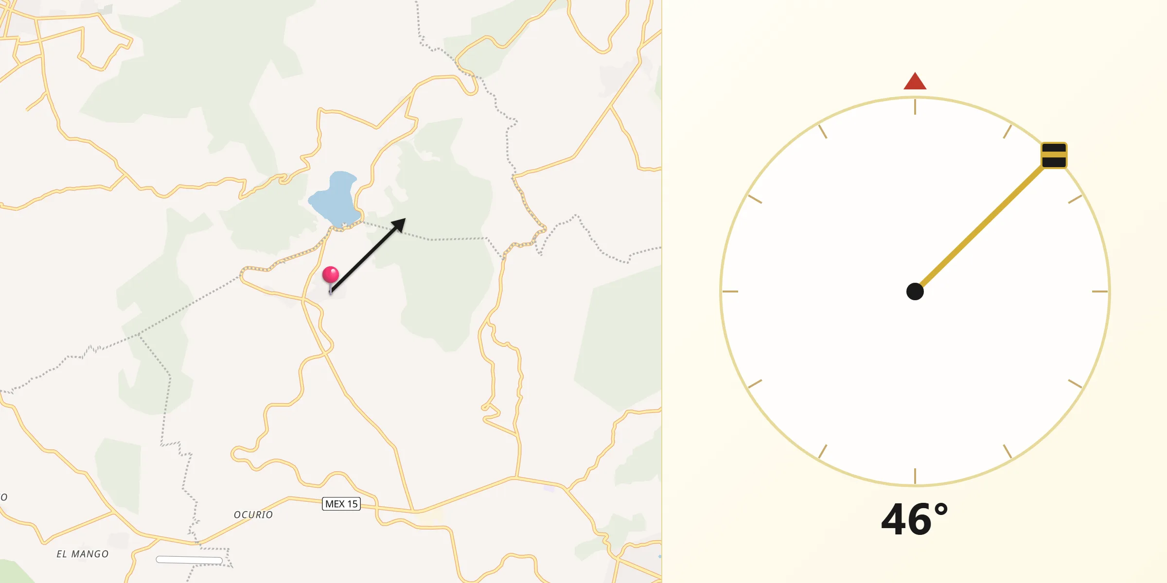 Dirección de la Qibla desde Zirahuato de los Bernal