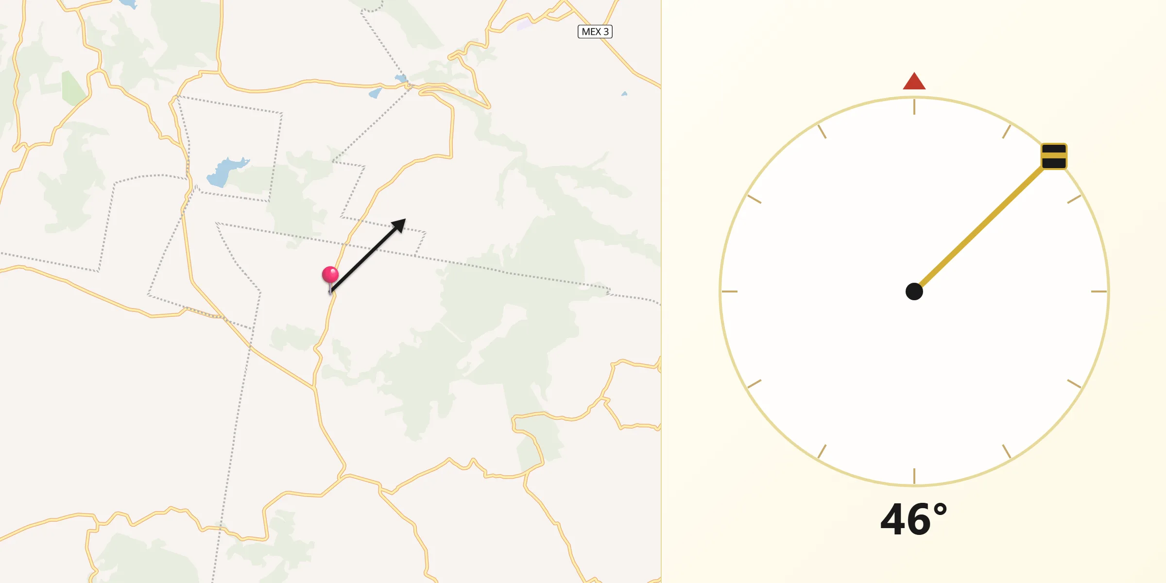 Dirección de la Qibla desde Palos Amarillos (Palos Amarillos Yebuciví)