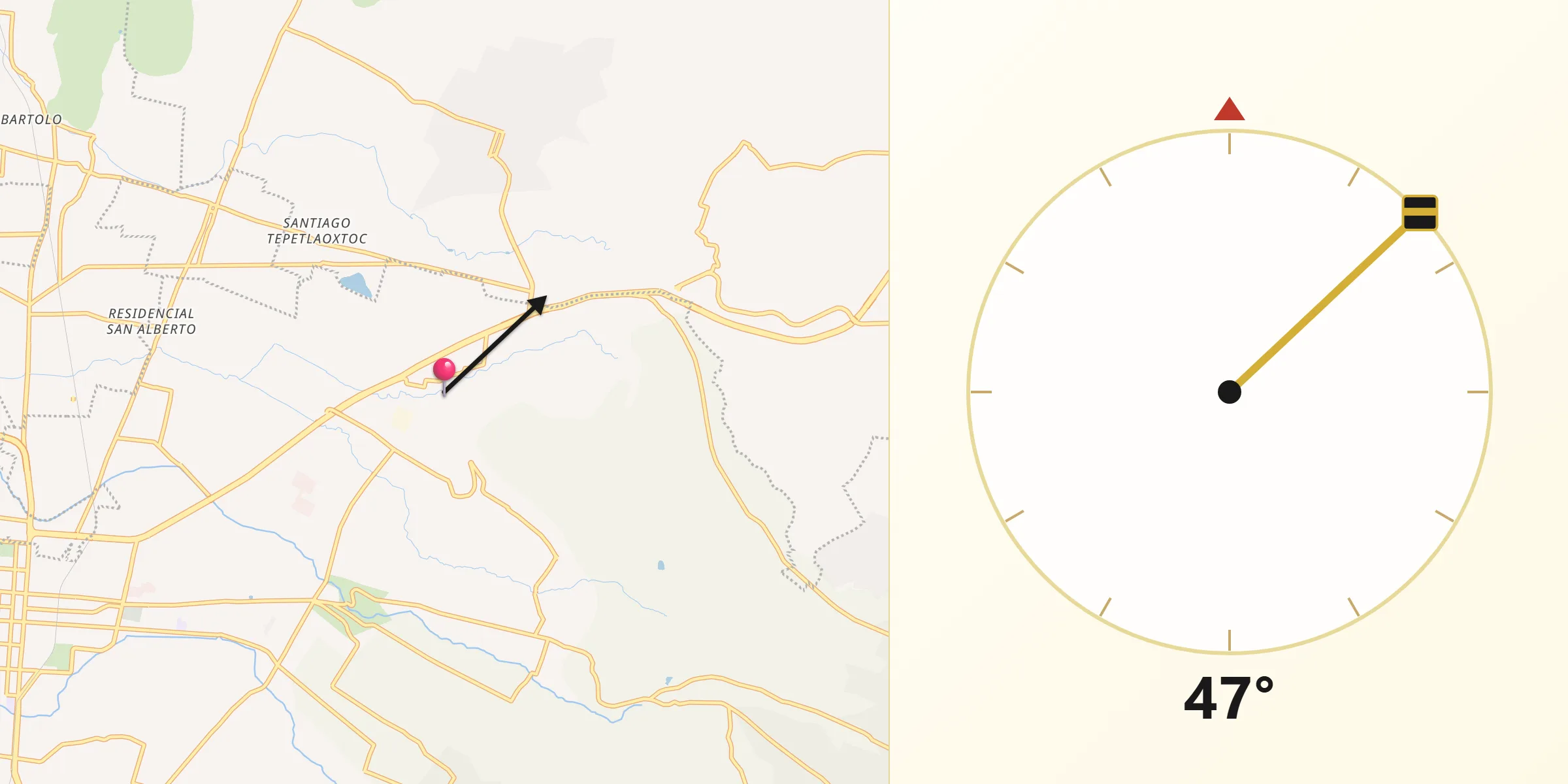 Dirección de la Qibla desde San Joaquín Coapango