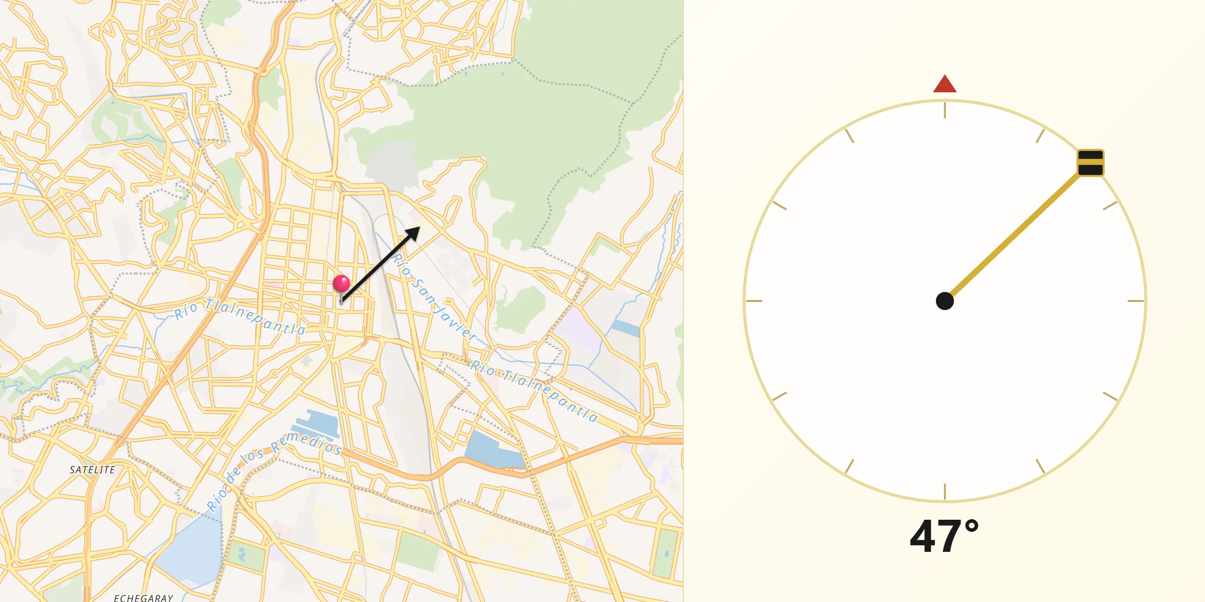 Dirección de la Qibla desde Tlalnepantla de Baz