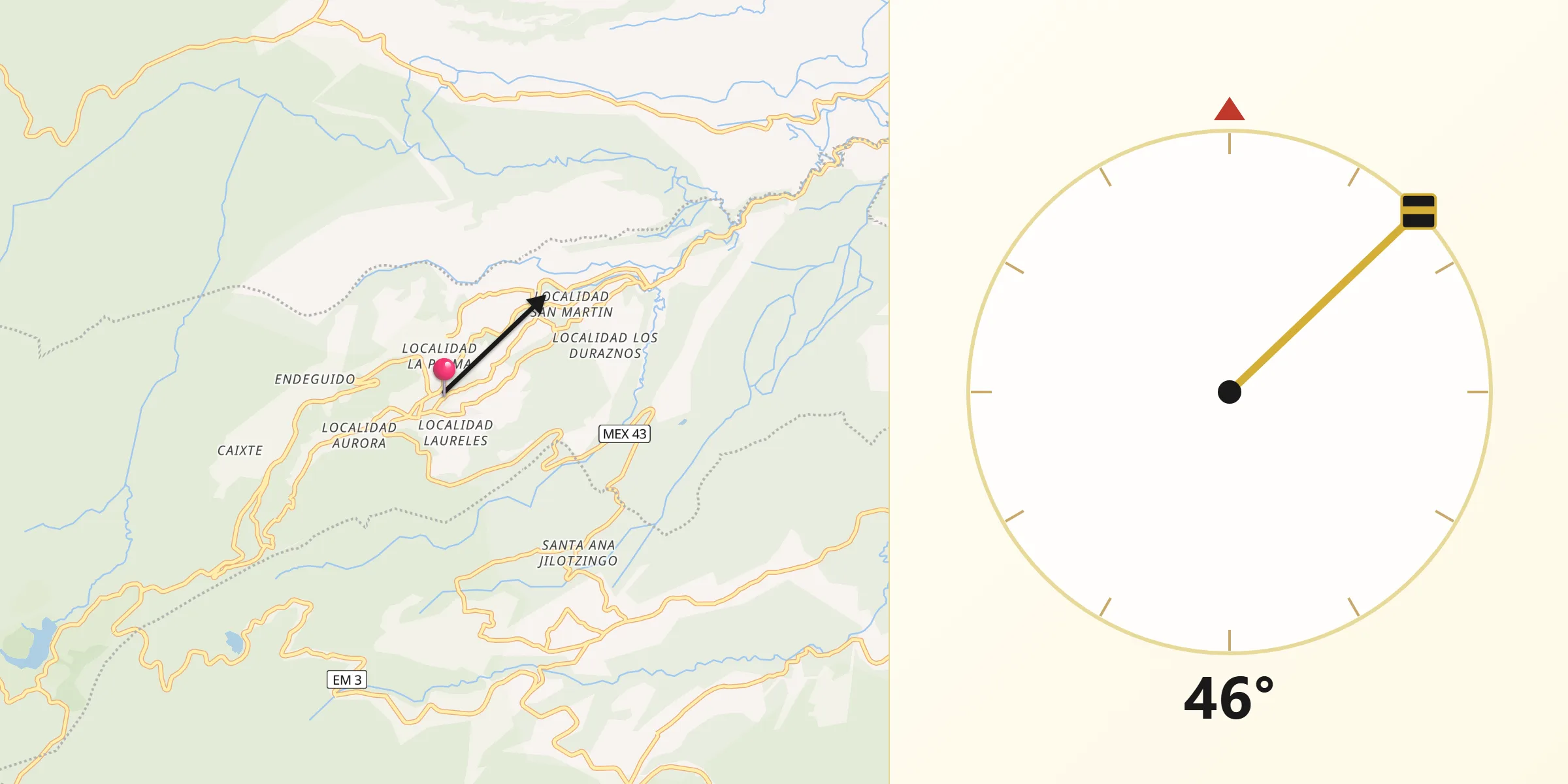 Dirección de la Qibla desde Tlazala de Fabela
