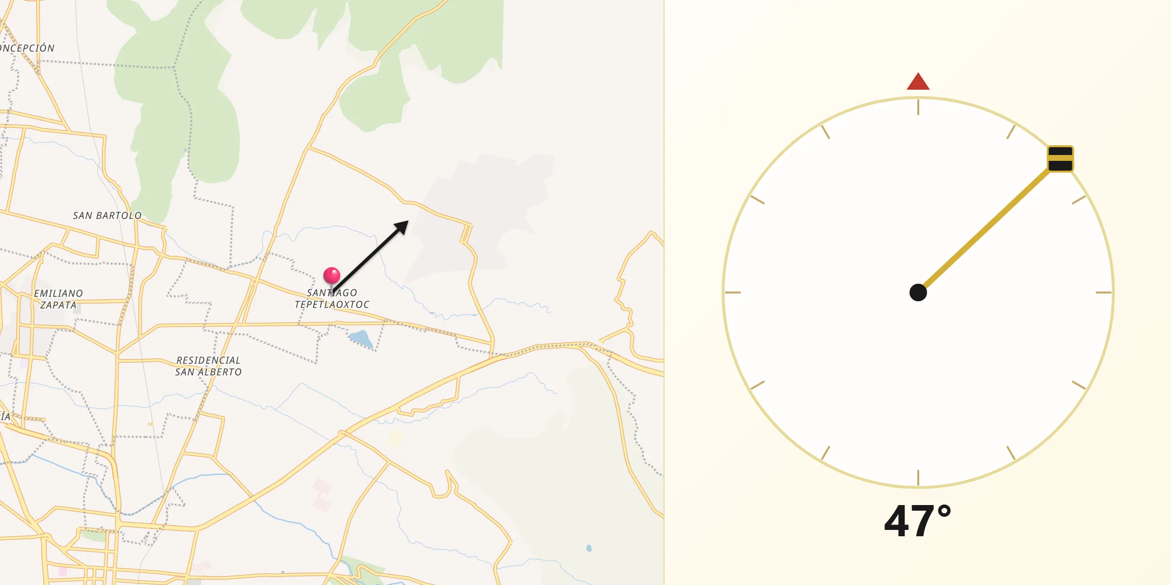 Dirección de la Qibla desde Colonia Tulteca Teopan