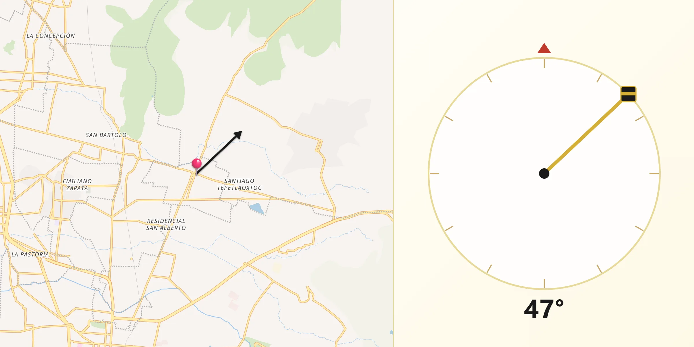 Dirección de la Qibla desde Papalotla