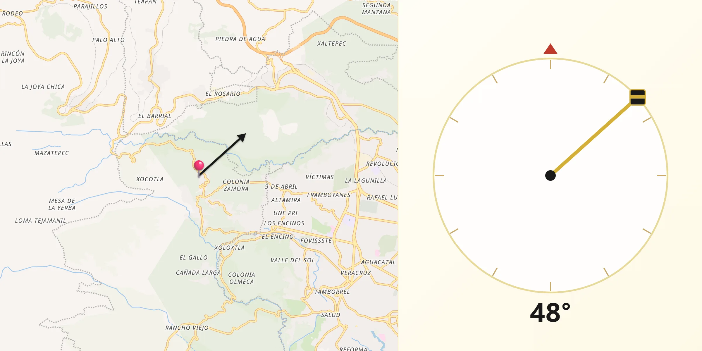 Dirección de la Qibla desde Tlalnelhuayocan