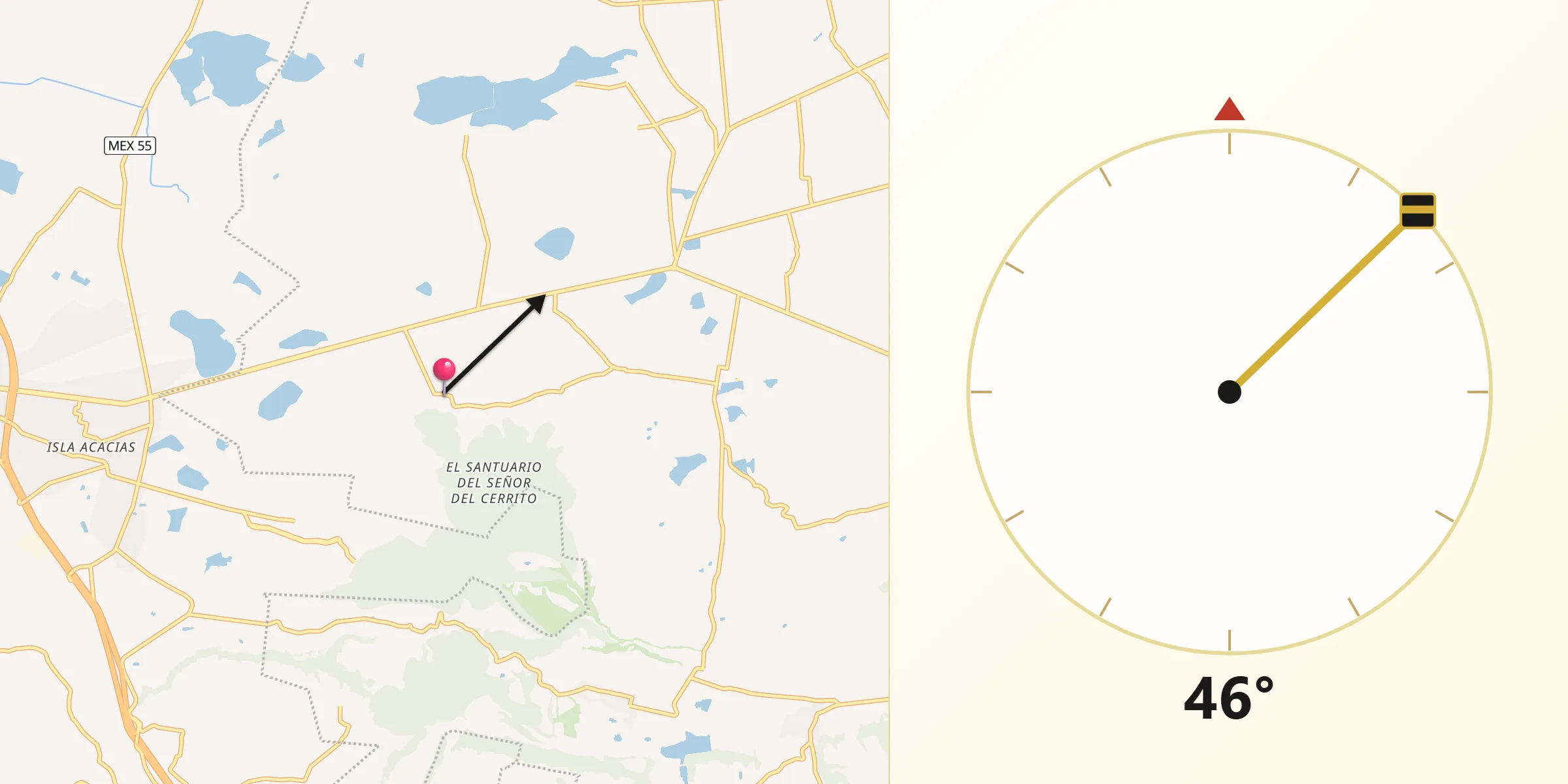 Dirección de la Qibla desde Manzana Tercera de Santa Cruz Tepexpan
