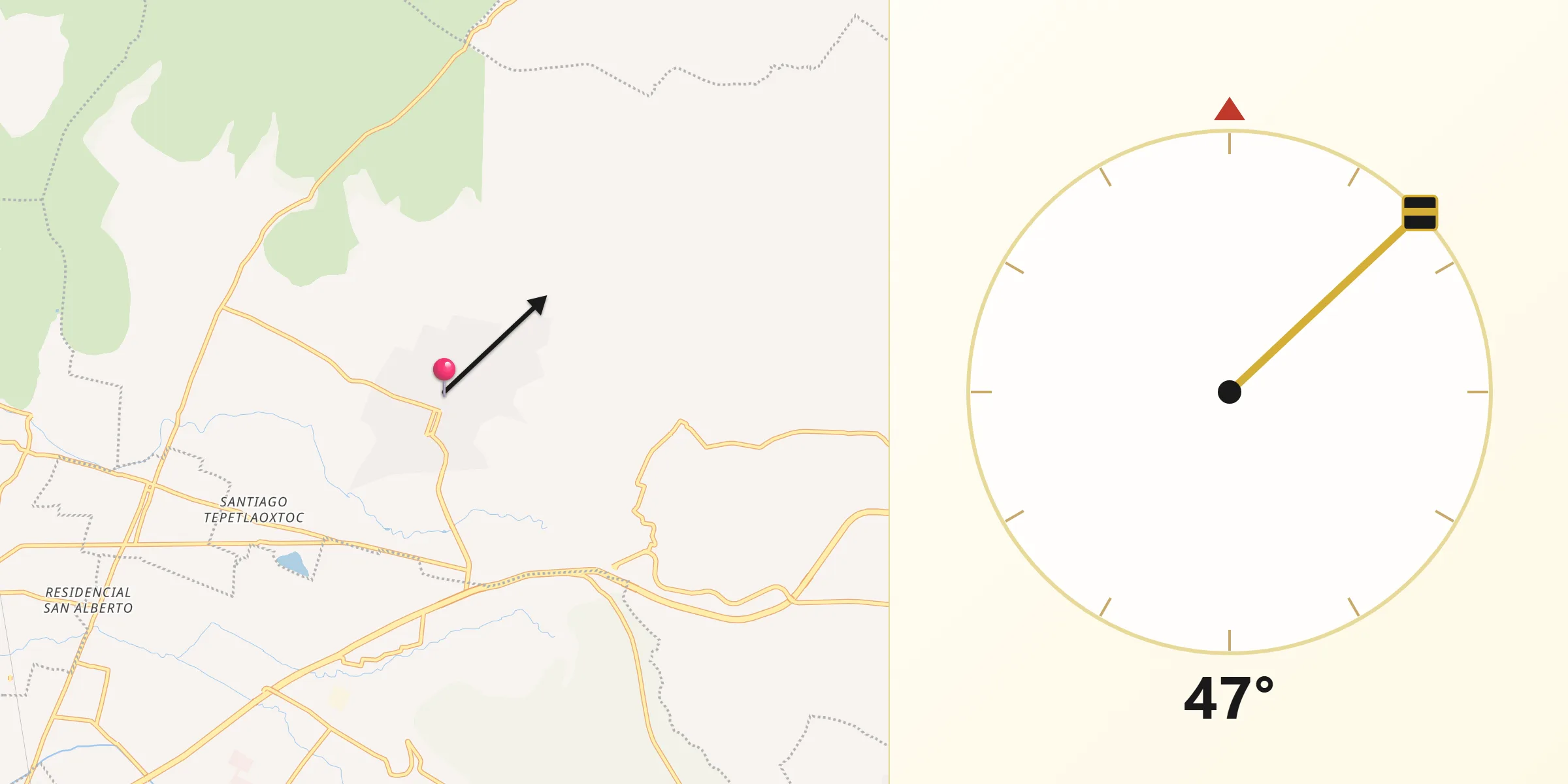 Dirección de la Qibla desde Tepetlaoxtoc