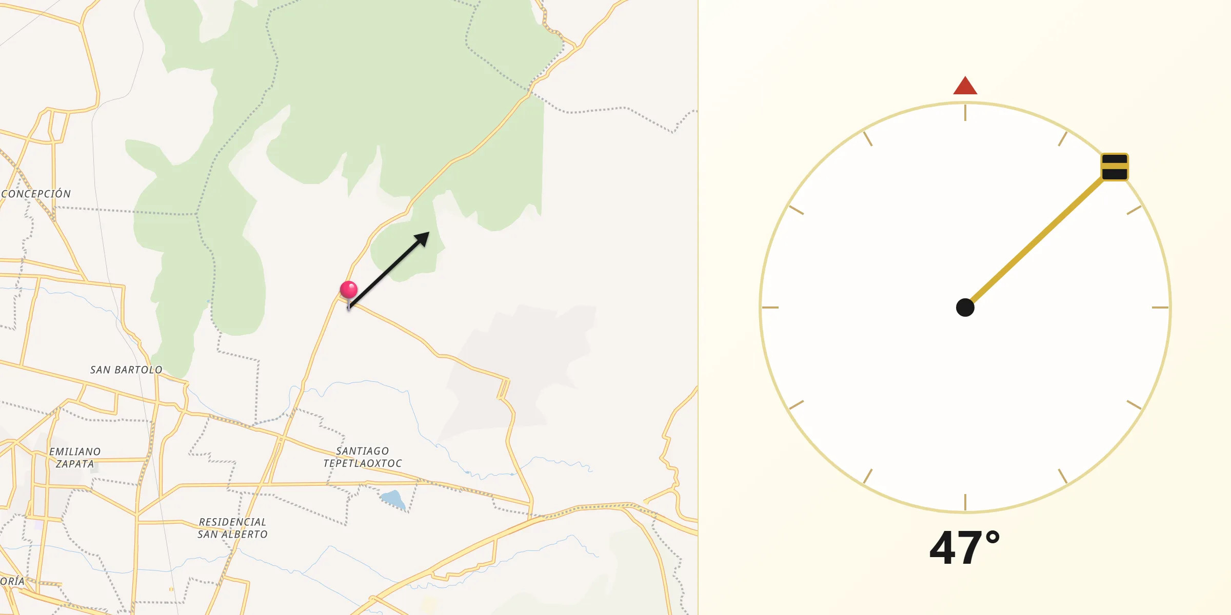 Dirección de la Qibla desde Concepción Jolalpan
