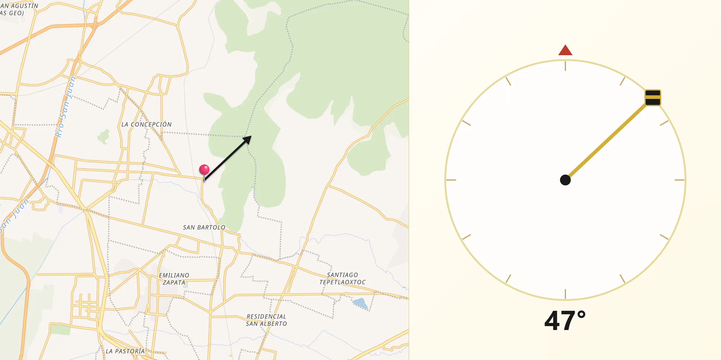 Dirección de la Qibla desde San Lucas Huitzilhuacán