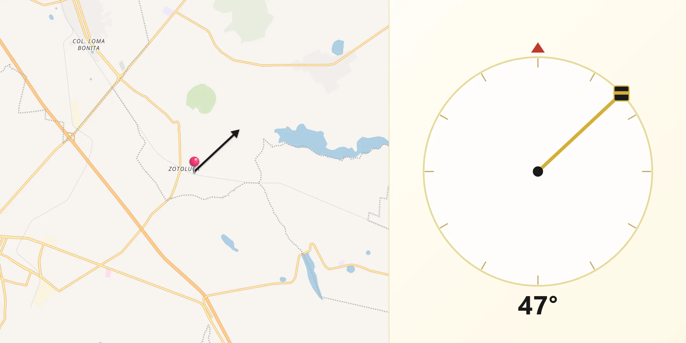 Dirección de la Qibla desde Zotoluca