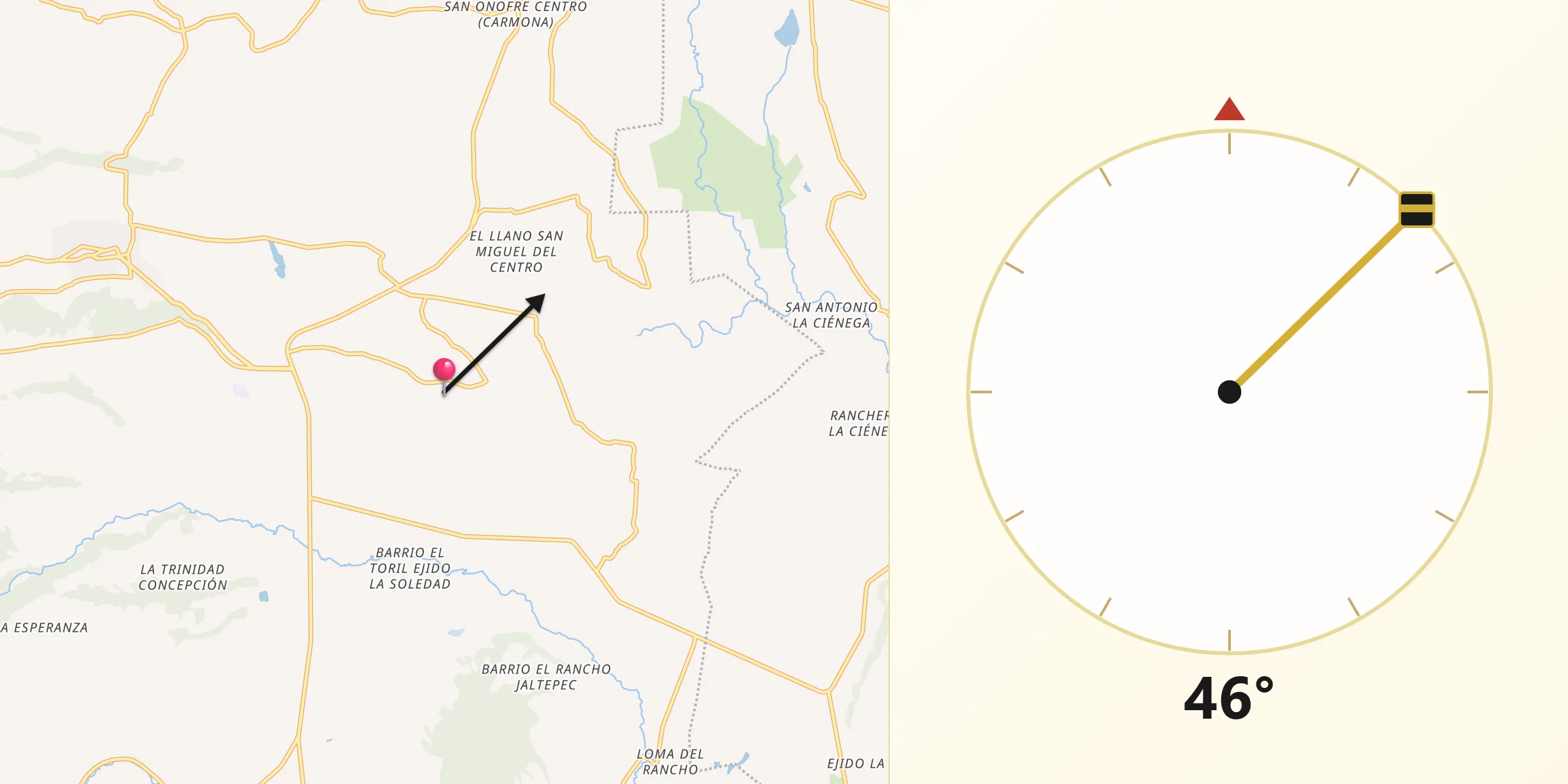 Dirección de la Qibla desde Ejido la Soledad