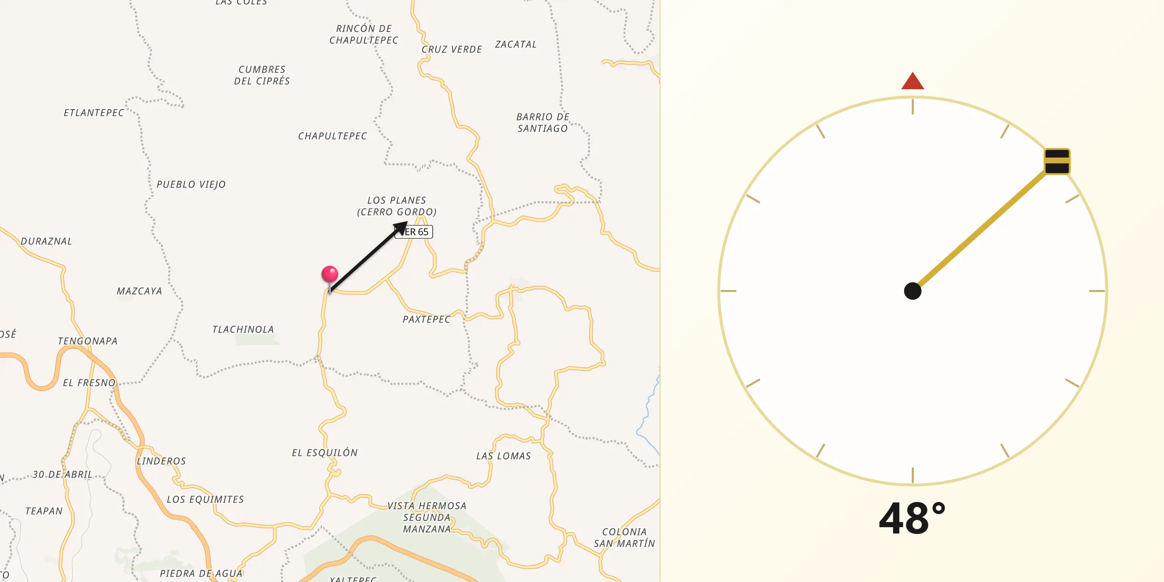 Dirección de la Qibla desde Coacoatzintla