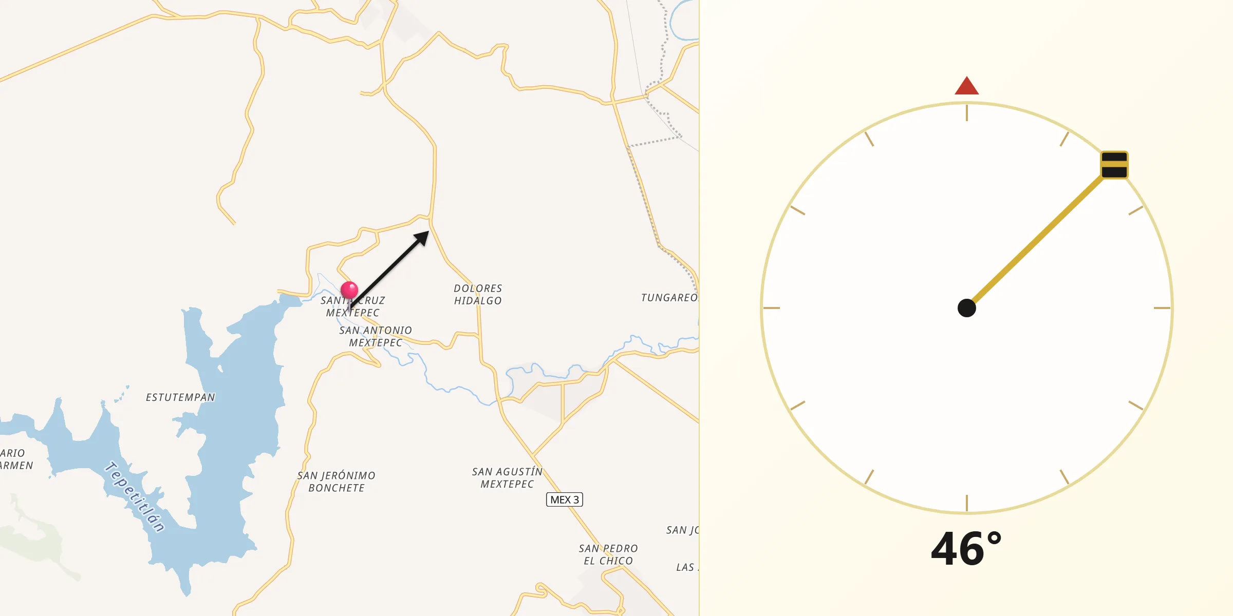 Dirección de la Qibla desde Santa Cruz Mextepec